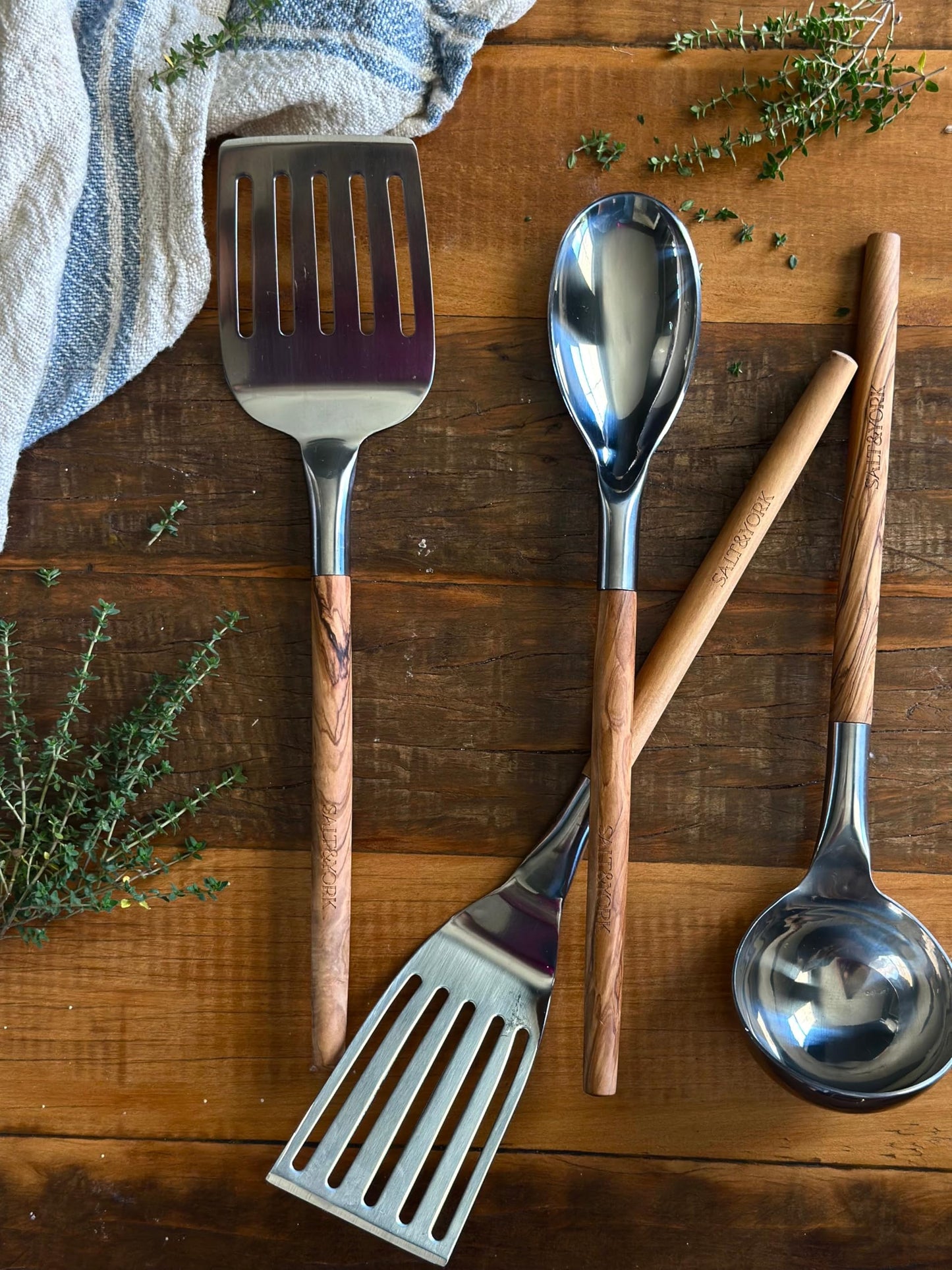 Premium Cooking Utensil Set – Salt & York 4-Piece Olive Wood and Stainless Steel Non-toxic Kitchen Tools with Handcrafted Wooden Handles – Spatula, Ladle, Spoon – Gift for Home Cooks, Kitchen Gift