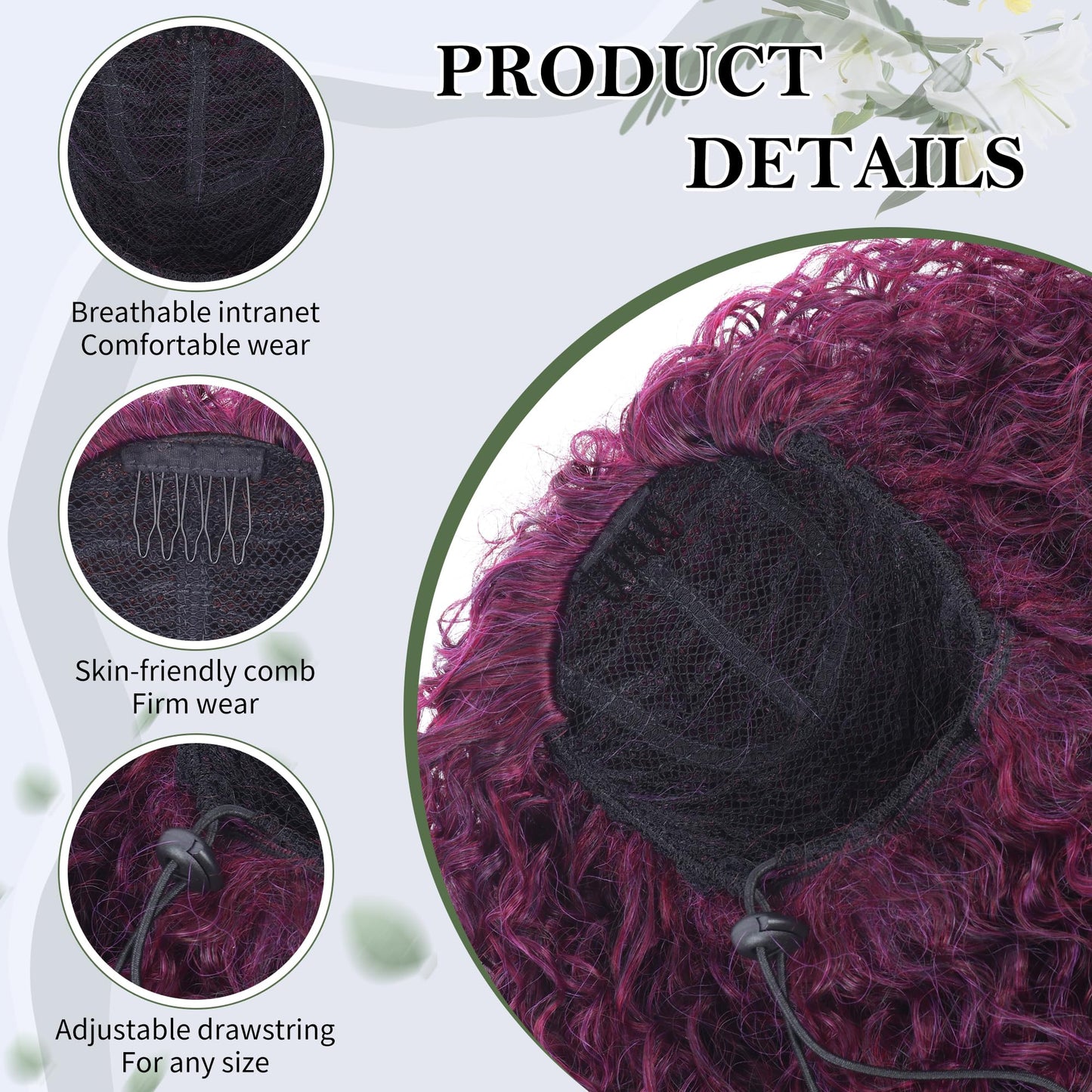 Alebery 27 Inch Drawstring Ponytail Extension for Black Women Deep Curly Ponytail Extension Synthetic Mixed with Human Hair Hairpieces Afro Kinky Curly Pony Tail for Daily Use (Rose Purple)