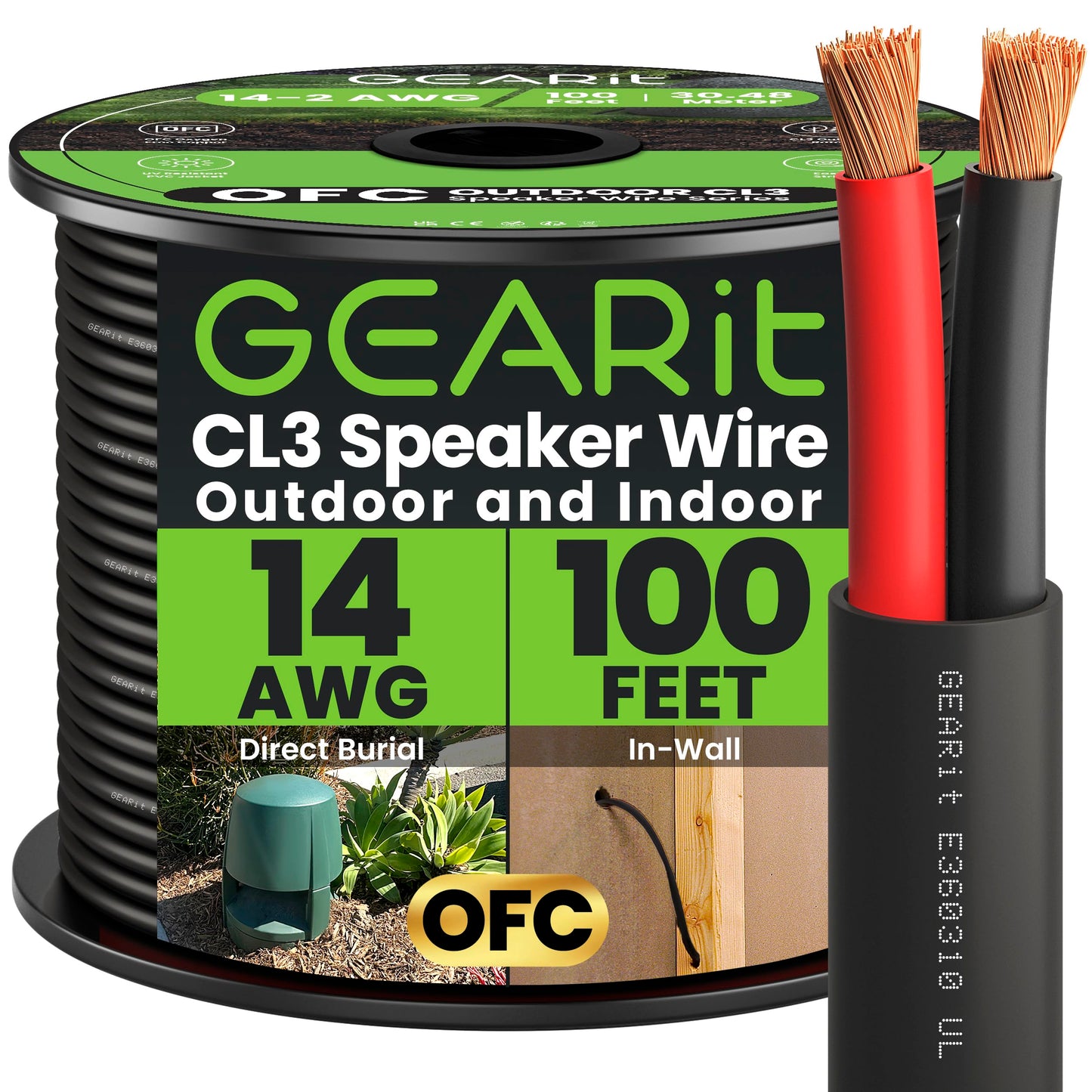 GEARit Outdoor Speaker Wire CL3 Rated, 14 Gauge Speaker Wire, Speaker Cable 100 ft for Outdoor Speakers, Patio, Garden, Backyard Audio, Direct Burial in Ground/in Wall, OFC (Black, 2-Conductors)