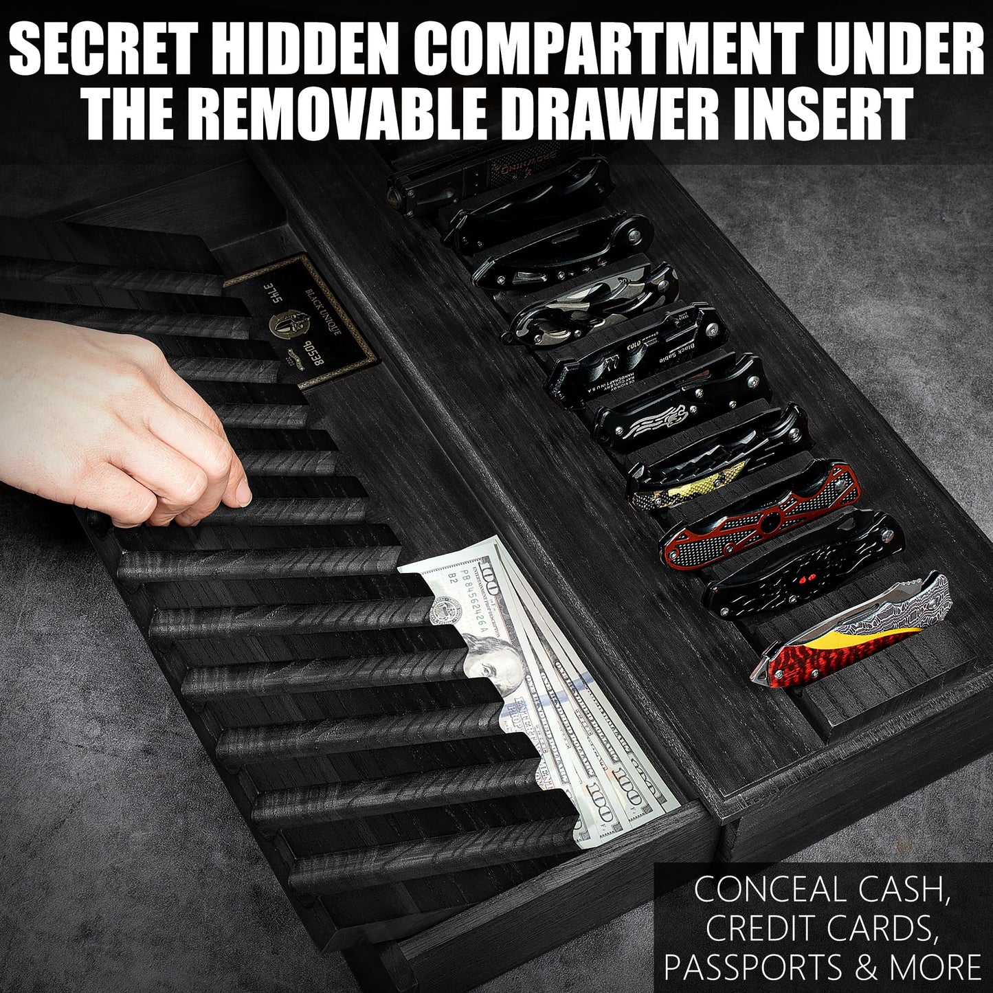 Large Black Pocket Knife Display Case – Wooden Pocket Knife Case Box for 24 Knives with Sturdy Clear Cover – Large Knife Storage Organizer and Knife Cases for Collections with EDC Drawer, Knife Box