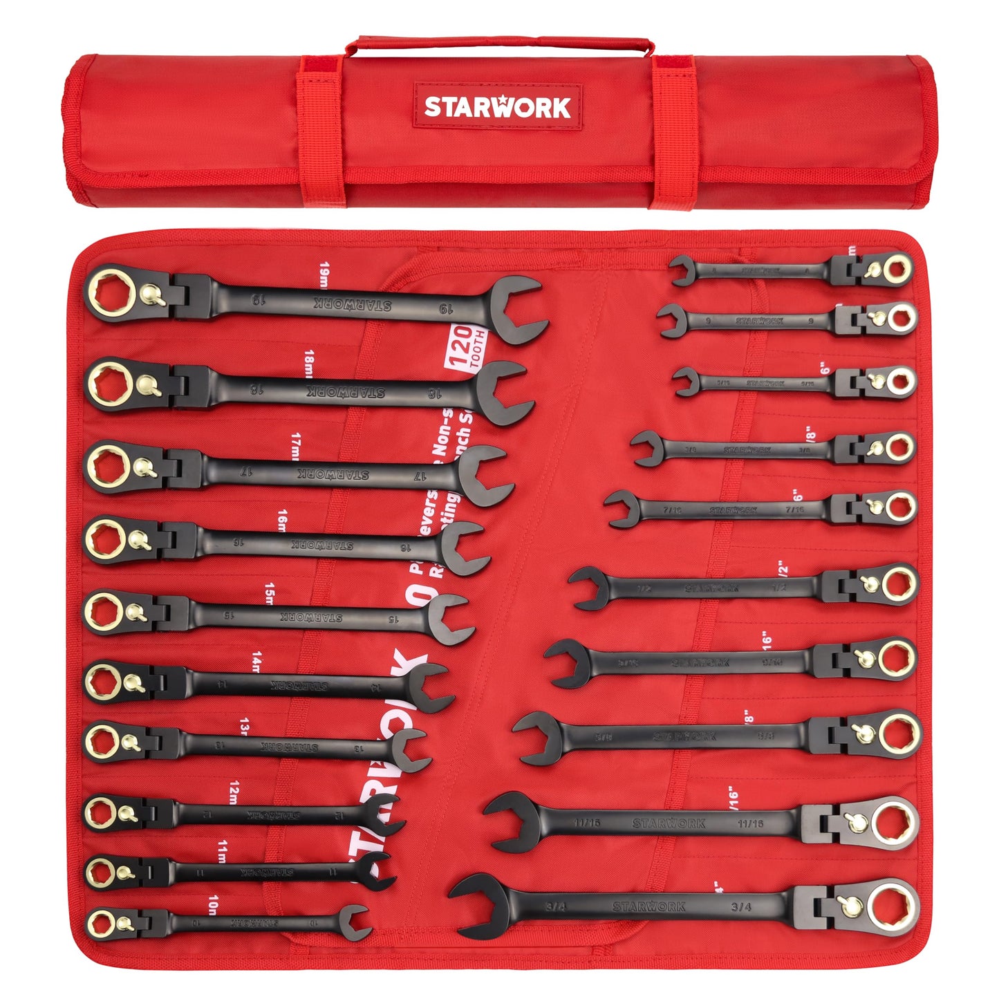 STARWORK TRUE MECHANIC™ 20-Piece, 120T, Reversible, Flexible Ratcheting Wrench Set, Non-Slip, Long Pattern, SAE/Metric, Professional, With Portable Roll-Up Pouch Bag