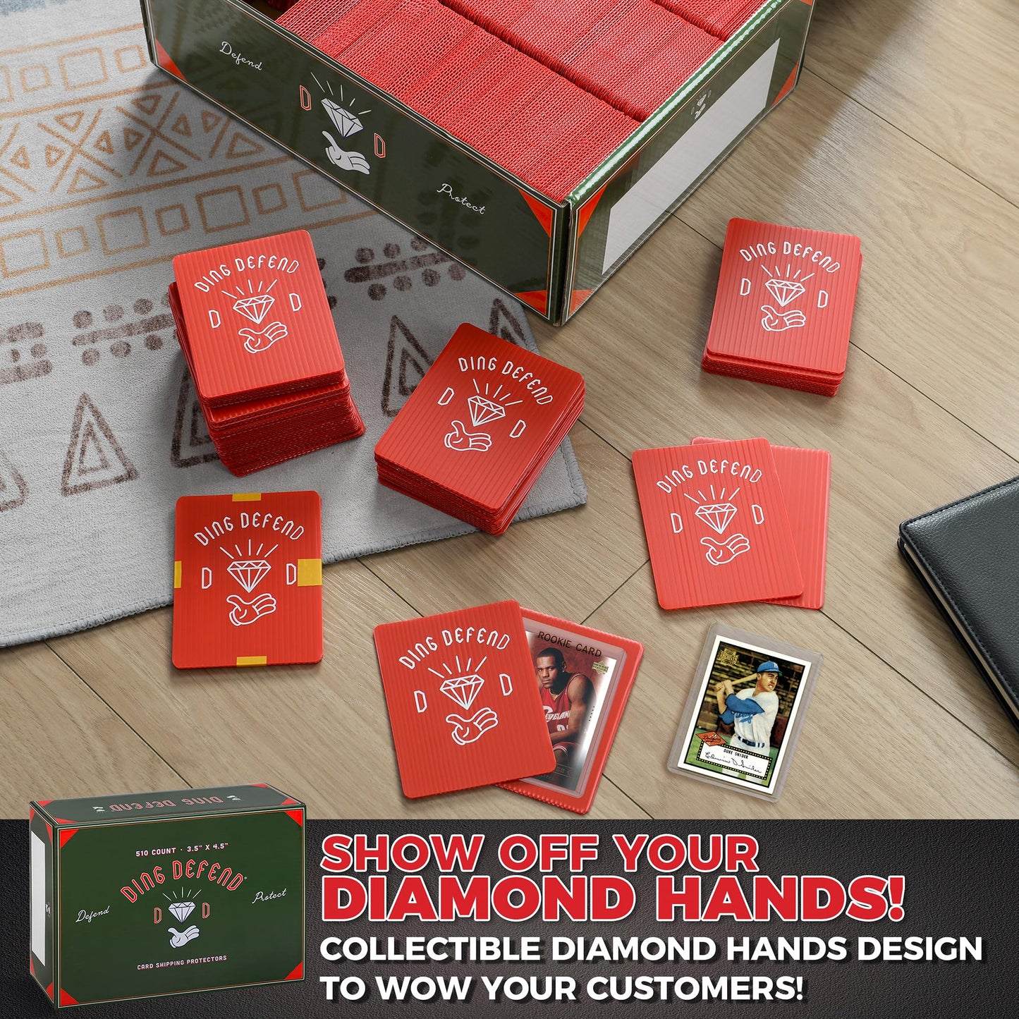 Ding Defend 510 Pack Trading Card Mailing Protectors - Hard Plastic Slab - Diamond Hands Card Guard Packaging Pads for Collectibles, Shipping & Hobby Supplies - 3.5 x 4.5 Inches