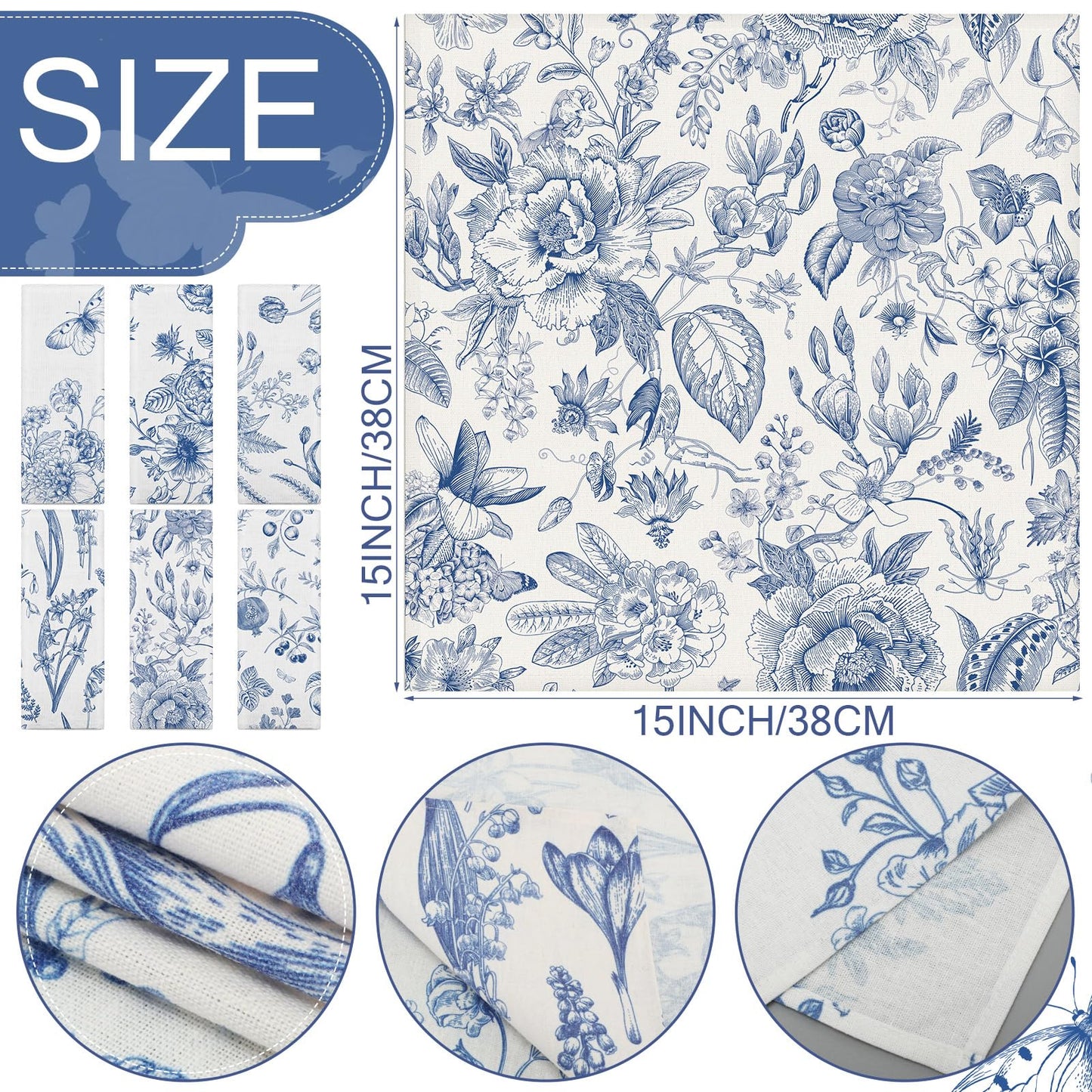 VitalCozy 24 Pcs Cloth Napkins Plants Butterfly Soft Reusable Napkin Country French Cotton Dinner Towel Decorative Washable Towels for Spring Summer Fall Party(Blue White Flower,24 Pcs)