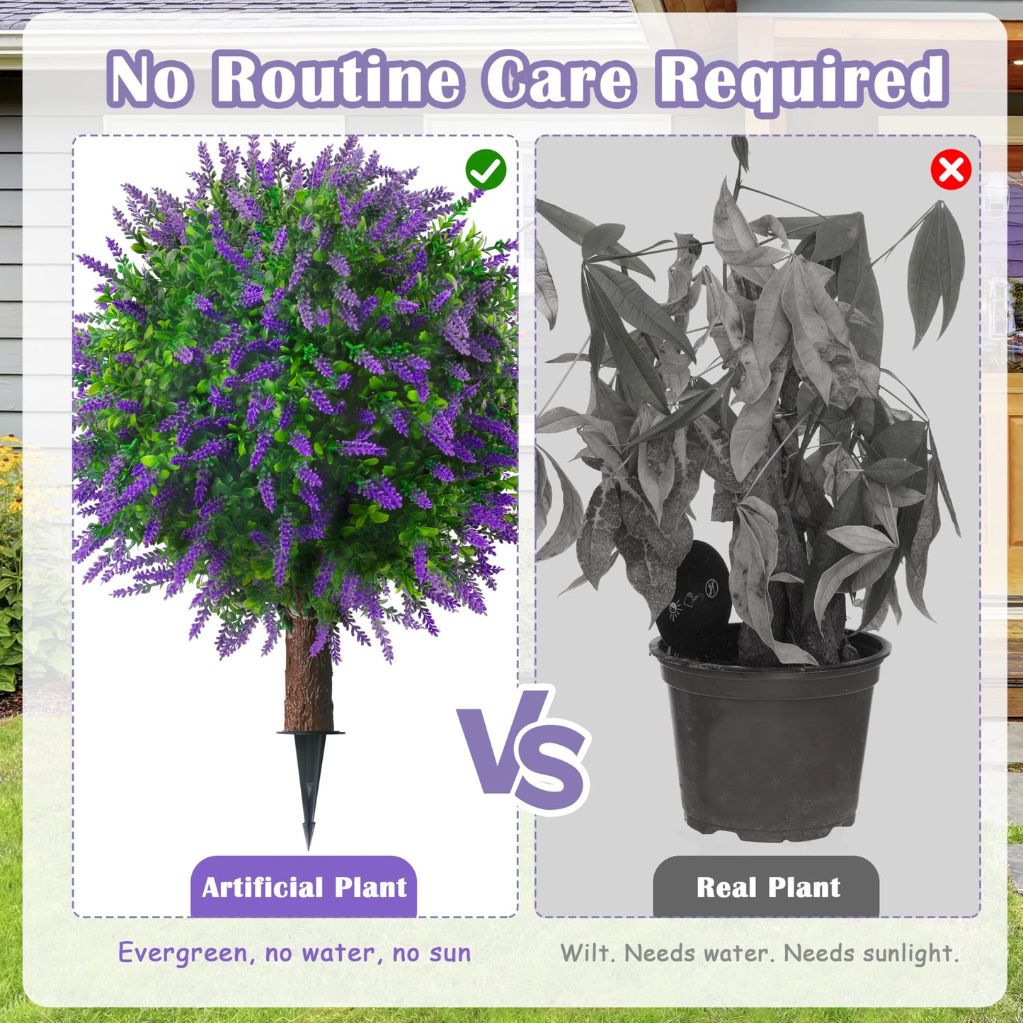 Sunnyglade 25.5" Set of 2 Artificial Lavender Topiary Ball Trees, Faux Lavender Shrub Bushes with Ground Spike, UV Resistant Fake Plants for Indoor, Garden, Yard, Porch, Patio Decor (2, Purple)