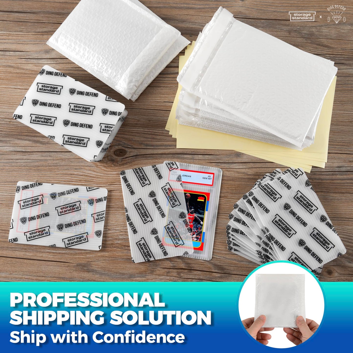Ding Defend Card Shipping Kit Envelope Bubble Mailers - Includes 110 4’’ x 6’’ Semi-Transparent Small Padded Envelopes/Protectors, 55 Small Bubble Mailers, 240 Tape Seals for Collectible Cards & Slabs