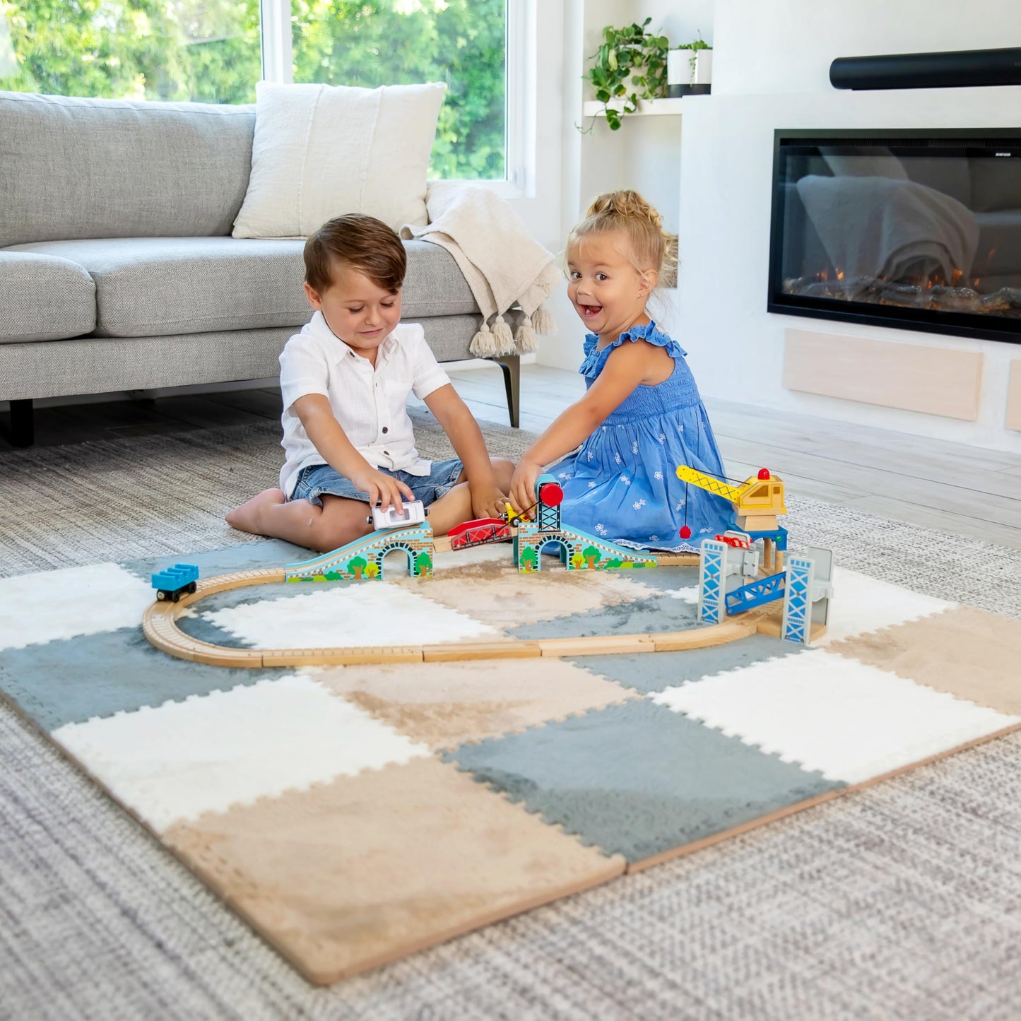16 Piece Carpet Squares Puzzle Mat 49" x 49" Plush Interlocking Carpet Tiles, Foam Floor Tiles for Baby Play Mat - Kids Soft Play Mats Anti Slip Jigsaw Flooring Playmat Playroom Rug (Brown,Gray,White)