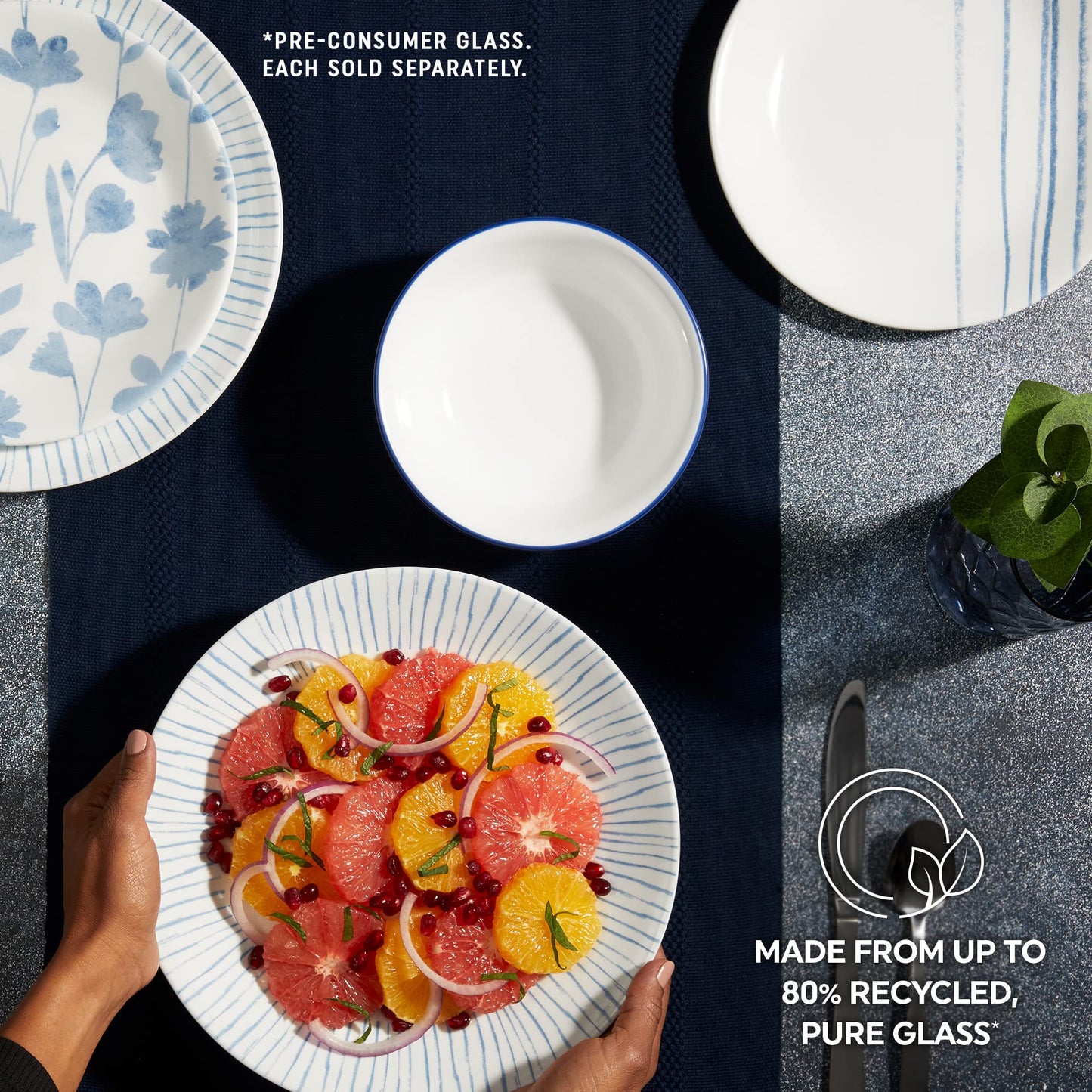 Corelle 6-Piece 8.5" Vitrelle Glass Lunch Plates Lightweight, Scratch Resistant - Botanical Stripes