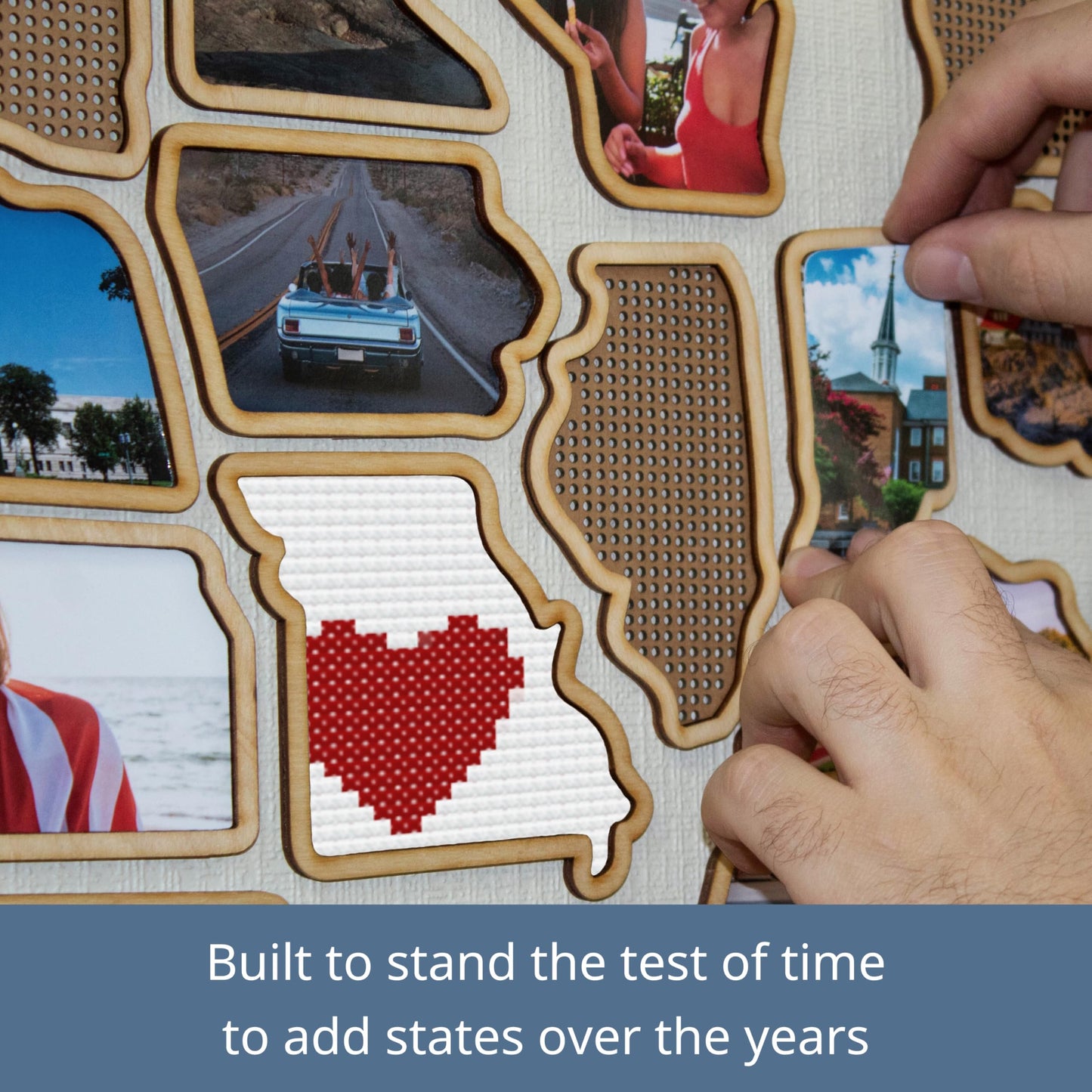 1DEA.me 3D Wooden USA Photo & Cross Stitch Wall Map - 3 in 1 - Includes Secure Photo Maker - 26 x 40 in - Easy to Use, Built to Last and Uniquely Yours