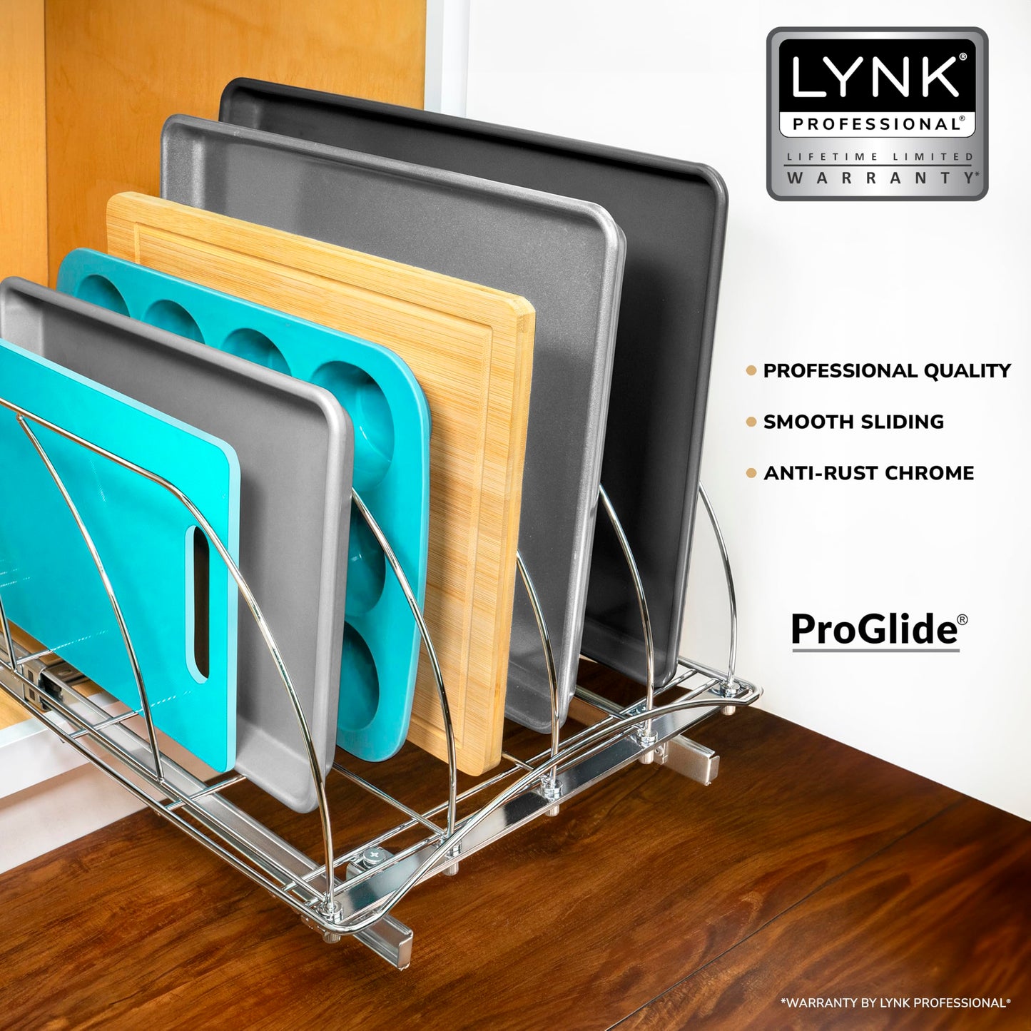 LYNK PROFESSIONAL® Pull Out Cutting Board, Baking Pan, and Cookie Sheet Organizer for Cabinet - Lifetime Ltd. Warranty - Slide Out Kitchen Cabinet Organizers – 14” x 21” Deep – Pull Out Drawer, Chrome