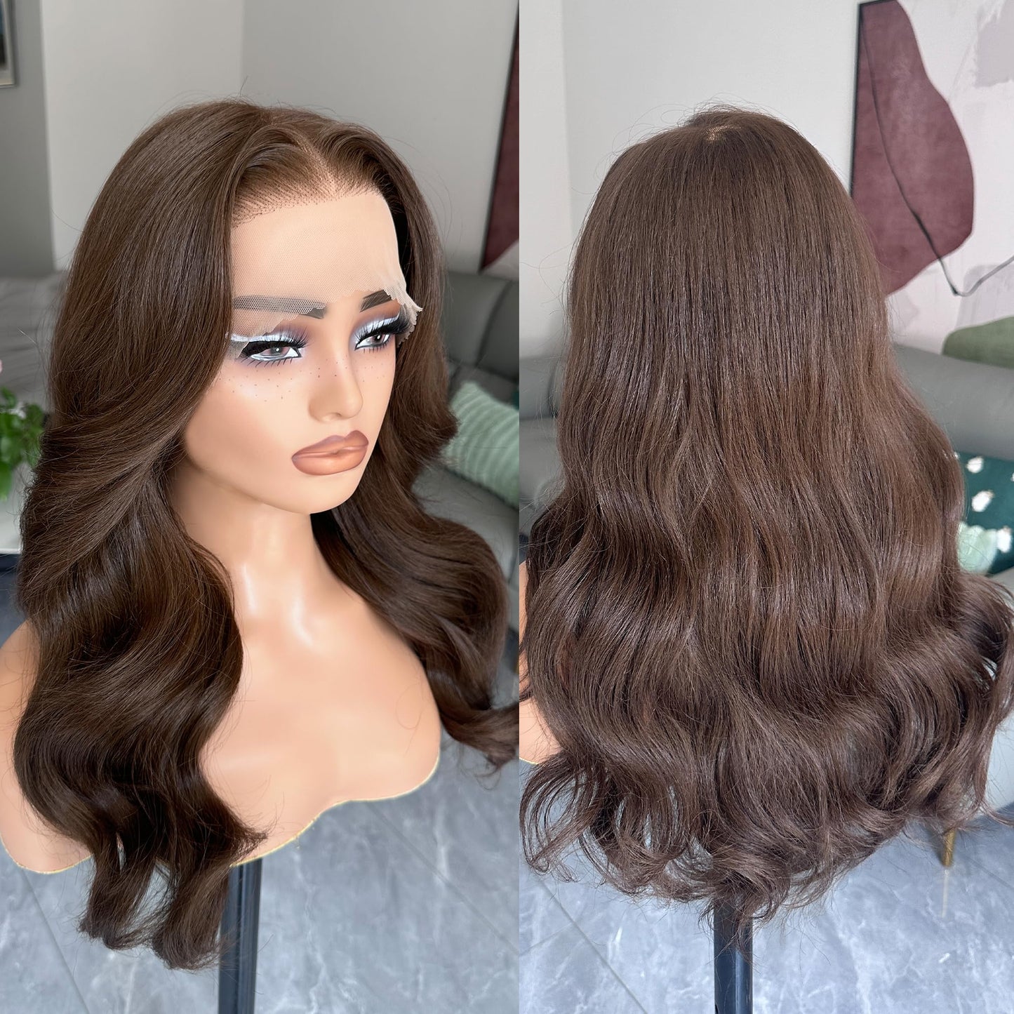 BLL Chocolate Brown Lace Front Wig, Synthetic 13x6 HD Lace Front Wigs Body Wave Glueless Brown Pre-Plucked Natural Density Free Part Lace Front Wig