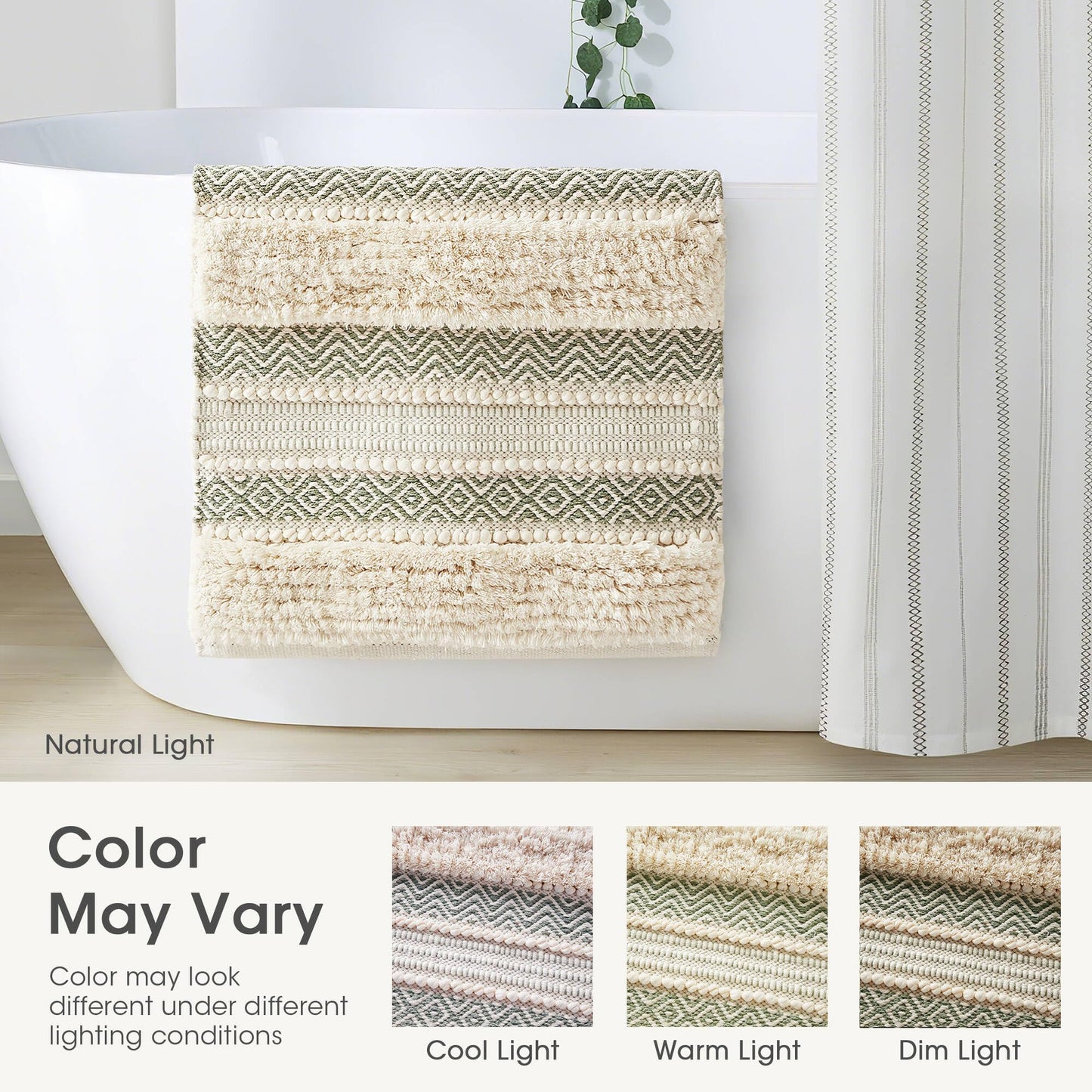 Ink+Ivy Bath Rug Hand-Woven Texture Shaggy Striped Soft & Water Absorbent, Boho Bathroom Décor Bath-Mats, Non-Slip Absorbent Quick Dry Mats for Tub, Shower Room, Asher, 20x32, Sage Green 1 Piece