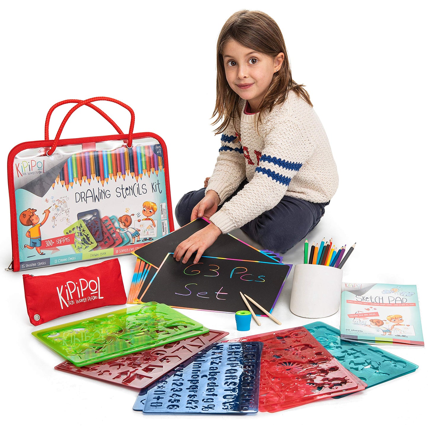 Kipipol - 63 Drawing Stencils for Kids Ages 4-8-8 and Up - Arts & Crafts for Girls & Boys - Drawing Kit for Kids - Arts Set - 15 Art Stencils, 260+