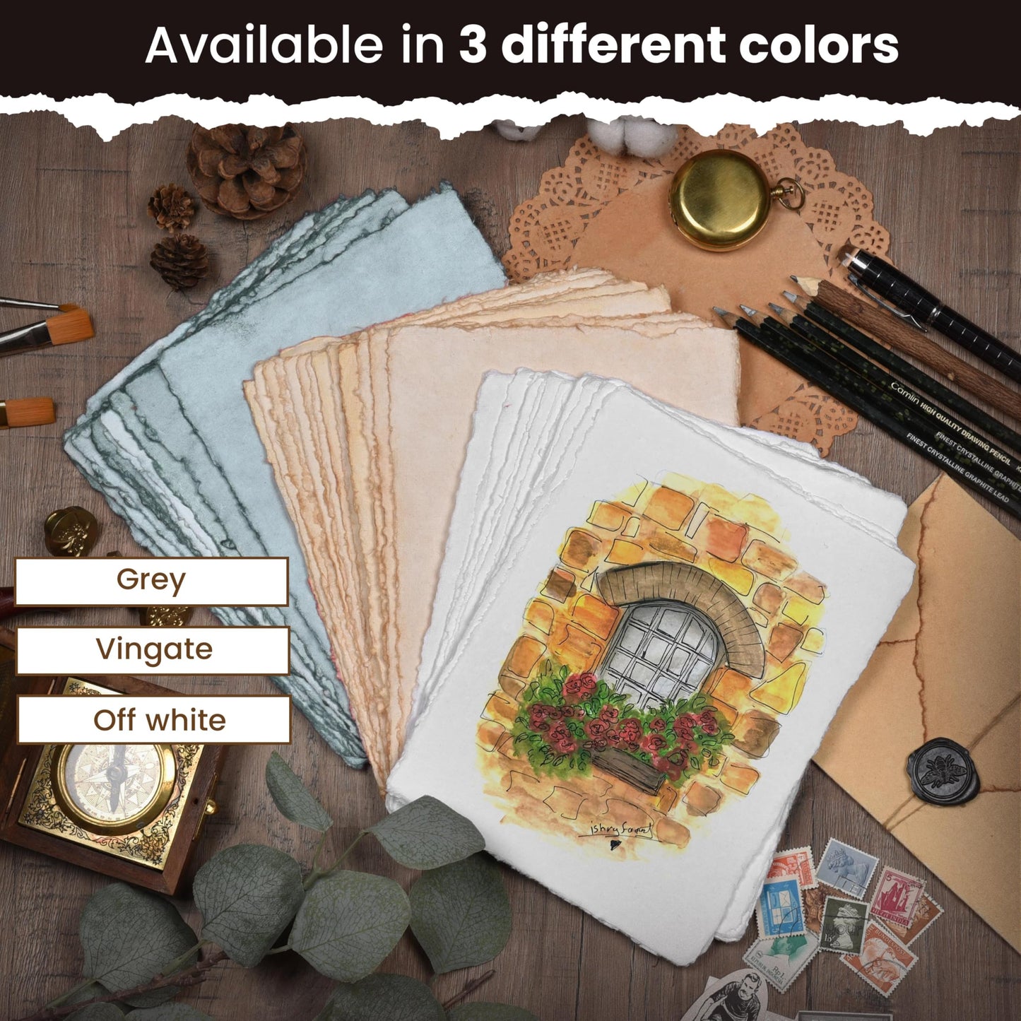 LEATHER VILLAGE Watercolor Paper - 9 X 12 inches, 50 Sheets - Mixed Media Watercolor Paper - 150 GSM Thick Deckle Edge Virgin Cotton Handmade Paper - Off White