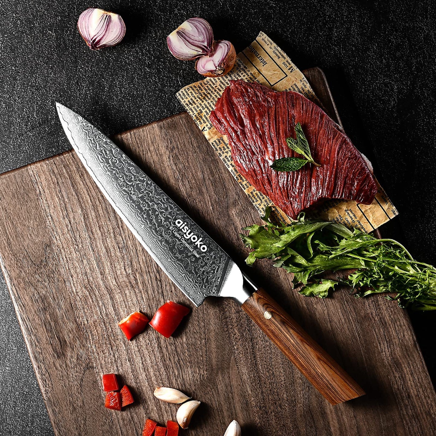 aisyoko Damascus chef knife 8-inch sharp kitchen knife Japan VG-10 stainless steel ergonomic color wooden handle luxury gift box - with scabbard
