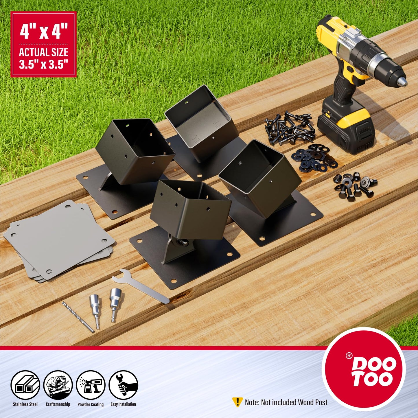 DOOTOO 4-Pack Swing Set Anchor Leveling Kit - 201 Stainless Steel, Swing Set Leveling Bracket for 4"x4" (Actual 3.5"x3.5") Wood Legs, Enhance Swing Set Stability,Protect Wood (Black)
