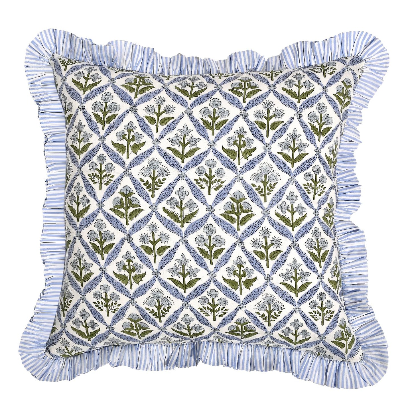Ridhi Block Print Light Steel Blue Throw Pillow Cover 20" x 20" (Pack of 2) Decorative Cushion Covers with Ruffle for Couch, Sofa, Bed, Living Room, Home Decor Gift for Spring, Easter, Valentine