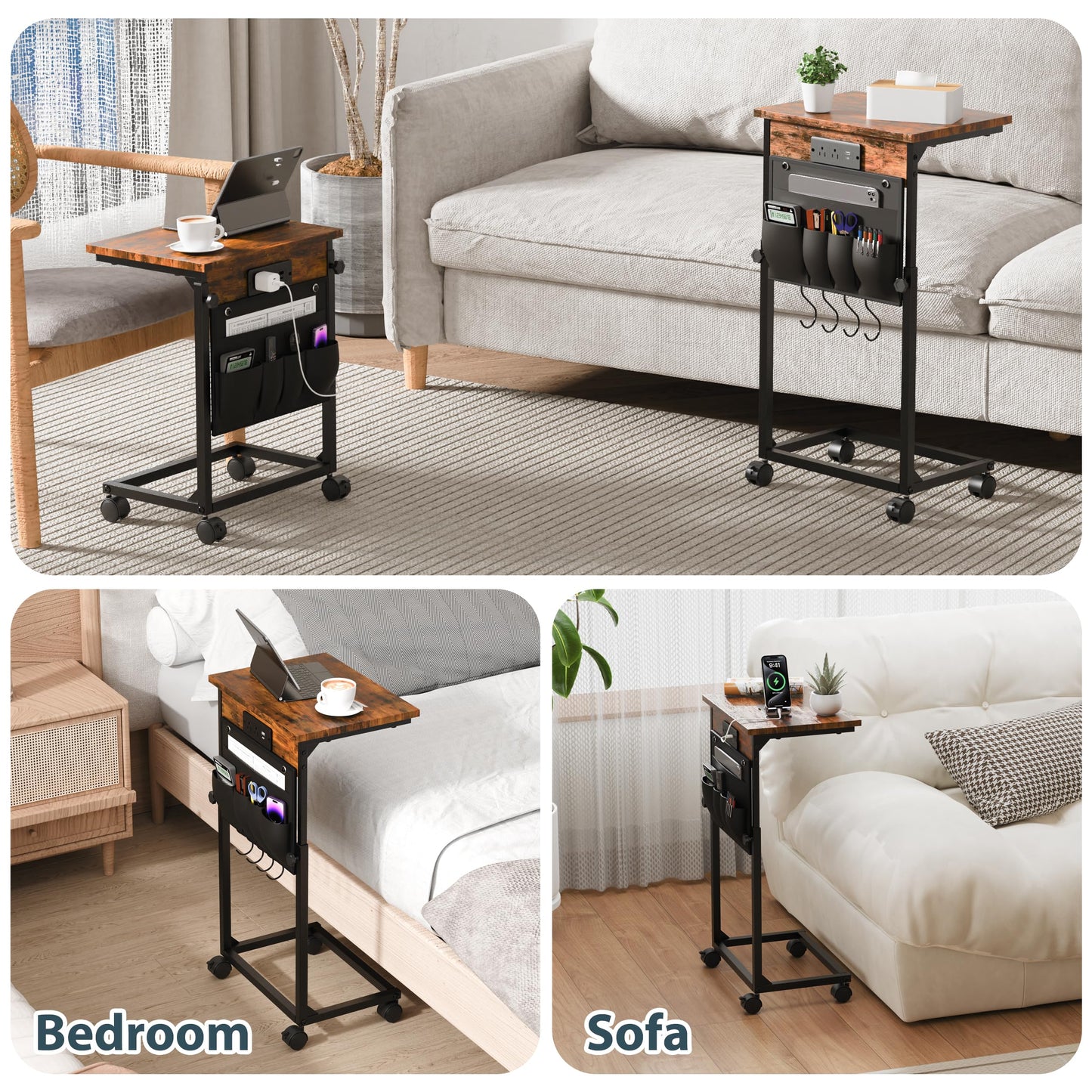 DENYKO Adjustable Height Couch Table with USB-C Charging Station & Pocket Storage – Compact Couch Stand with Hooks & Wheels for Small Spaces & Living Room, Adjustable C Table (Rustic Brown)
