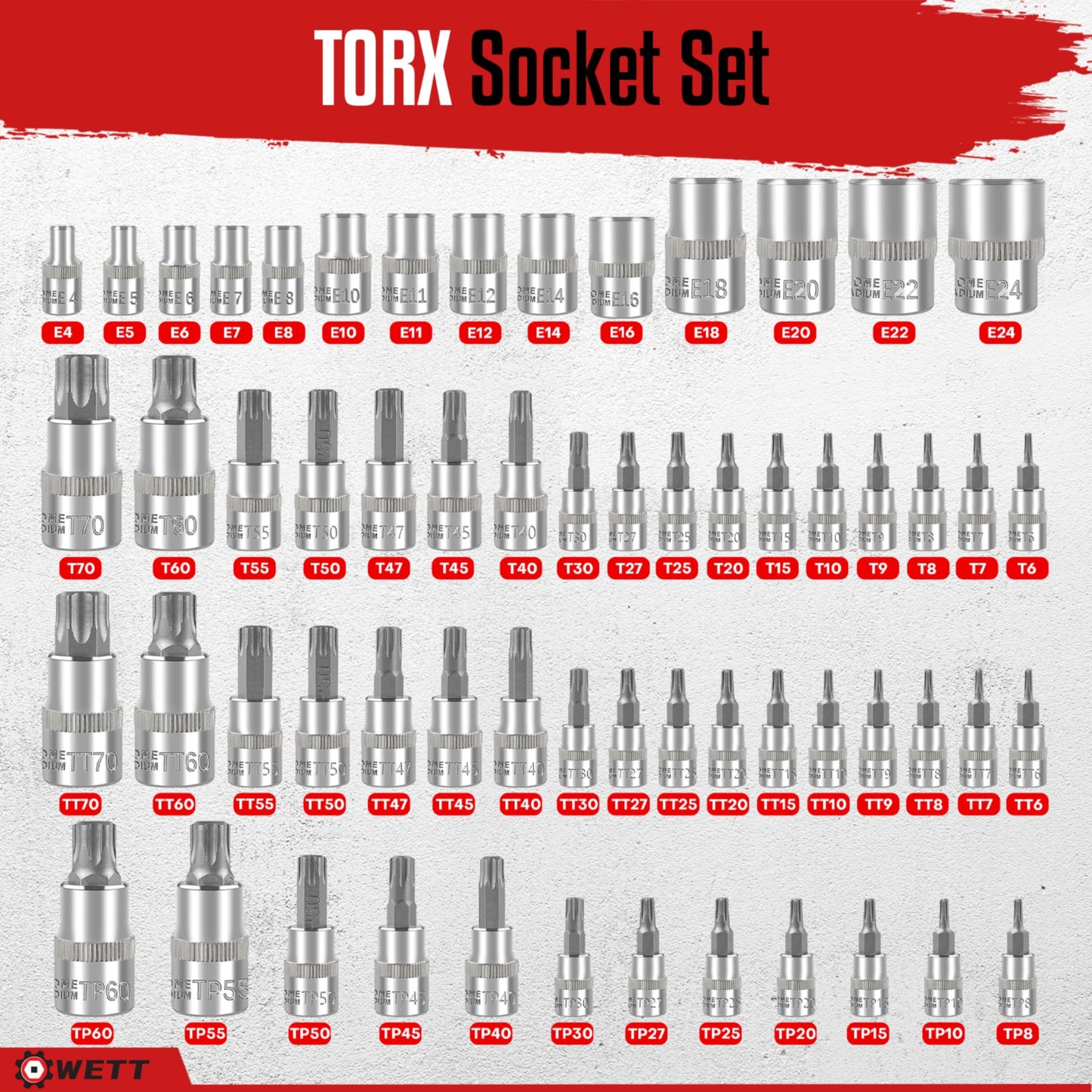 WETT Master Torx Bit Socket and External Torx Socket Set, 60-Piece 1/4", 3/8", 1/2" Drive E-Torx Sockets (E4-E24, T6-T70, TT6-TT70, TP8-TP60), S2 and CR-V Steel