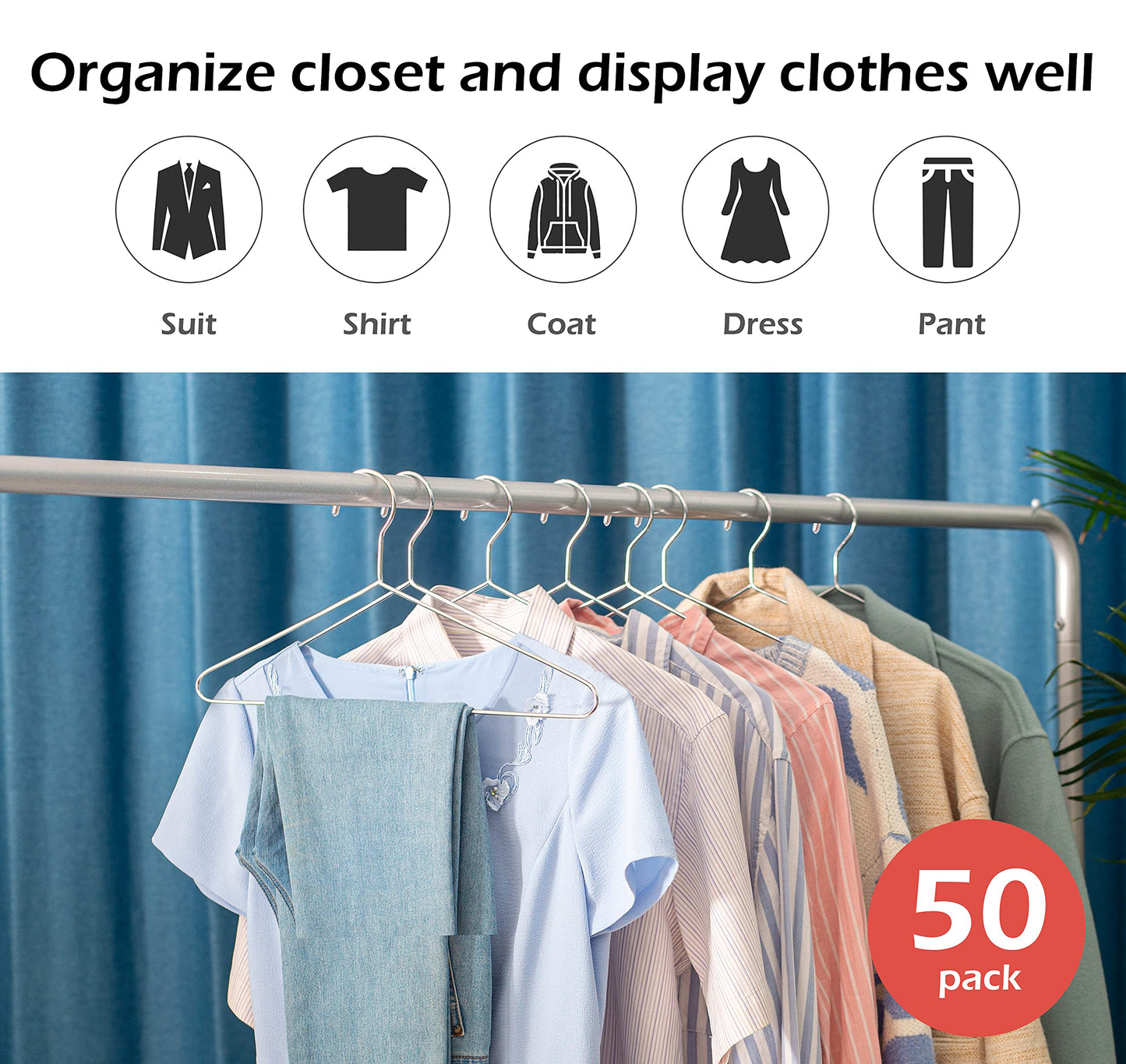 KEETDY 50 Pack Metal Hangers Coat Hangers Heavy Duty Stainless Steel Clothes Hanger for Closet Clothing Shirt Suit Pant 16.4 Inch