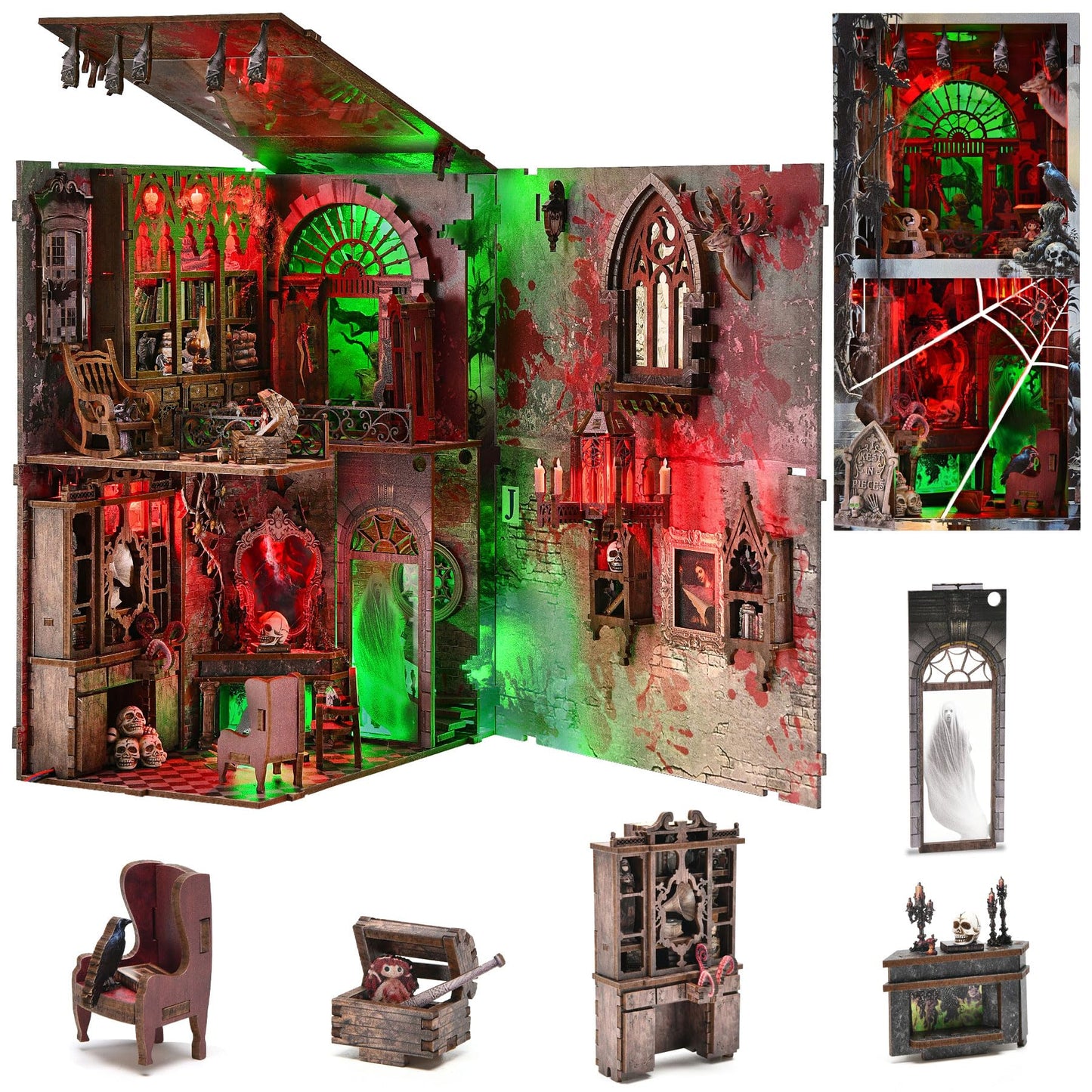 fifijoy Haunted House Halloween Book Nook Kit, Spooky Shelf Insert Bookshelf Diorama Horror Art Miniature Decor, Creepy Scary Wooden Puzzle Booknook (Haunted Mansion)