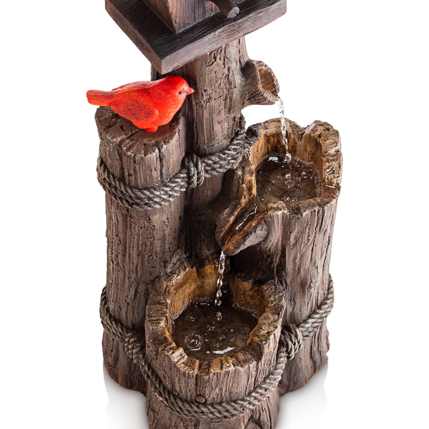 Alpine Corporation WCT1002 35" Tall Outdoor 3-Tier Birdhouse Water Fountain with Cardinal Accent, Rustic Floor Decor for Garden and Patio, Brown