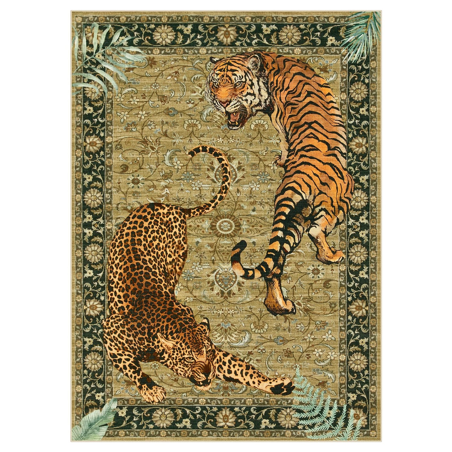 Joydeco Washable Tiger Print 5x7 Living Room Area Rug, Vintage Boho Cheetah Dining Room Rug Non Slip, Leopard Stain Resistant Carpet for Bedroom Office Playroom Entryway, Camel