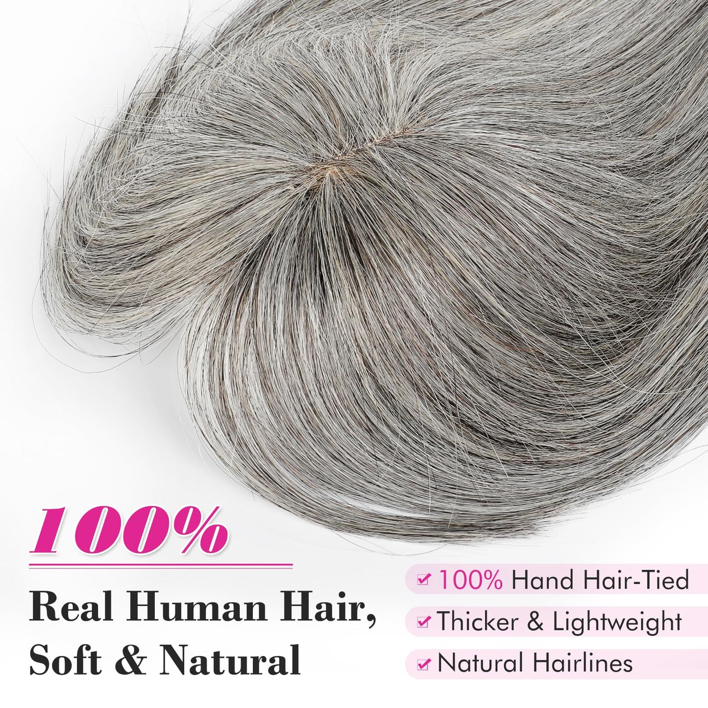 REECHO Hair Toppers for Women Real Human Hair, 10 inch Hair Toppers with Bangs, Hair Topper for Women with Thinning Hair, Grey