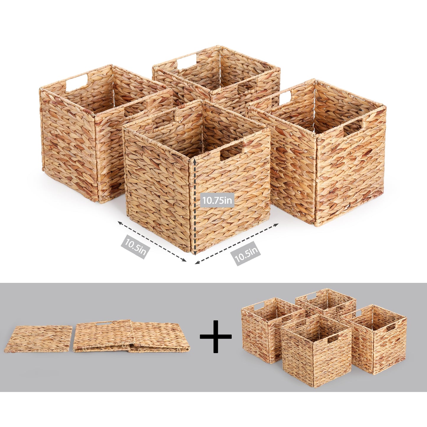 10.5 x 10.5in Wicker Storage Baskets, Cube Foldable Water Hyacinth Storage Baskets for 11 x 11 Cube Shelves Set of 4