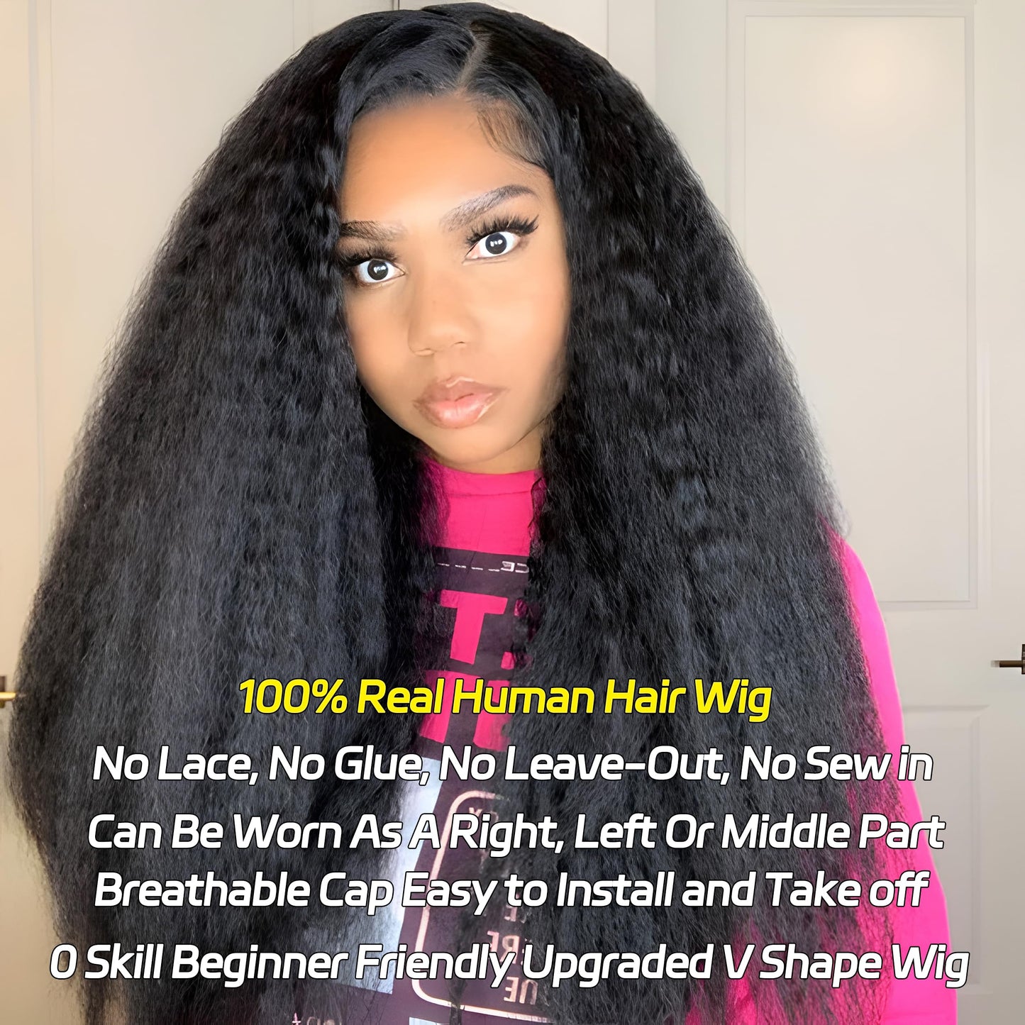 Prtyopp V Part Wig Human Hair Kinky Straight Vpart Human Hair Wig Upgrade U Part Wig Yaki Straight Clip in Half Wigs for Black Women Human Hair Glueless No Leave Out 180% Density Natural Color 16 Inch