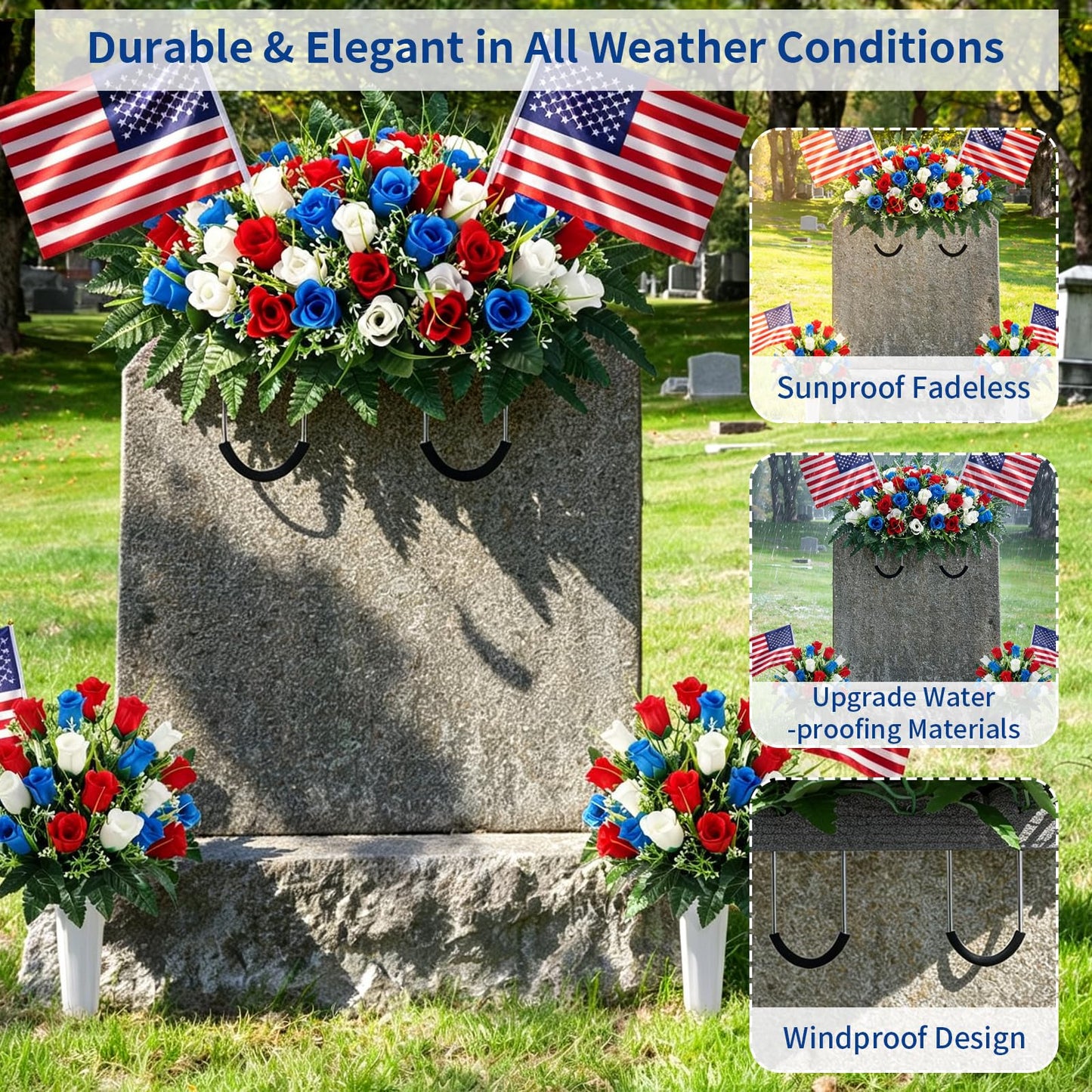 Luabue Artificial Cemetery Flower Grave Saddles for Headstone Roses red White and Blue Artificial Flowers with Flags Memorial Day Decorations for Grave Veterans Patriotic 4th of July Independence Day