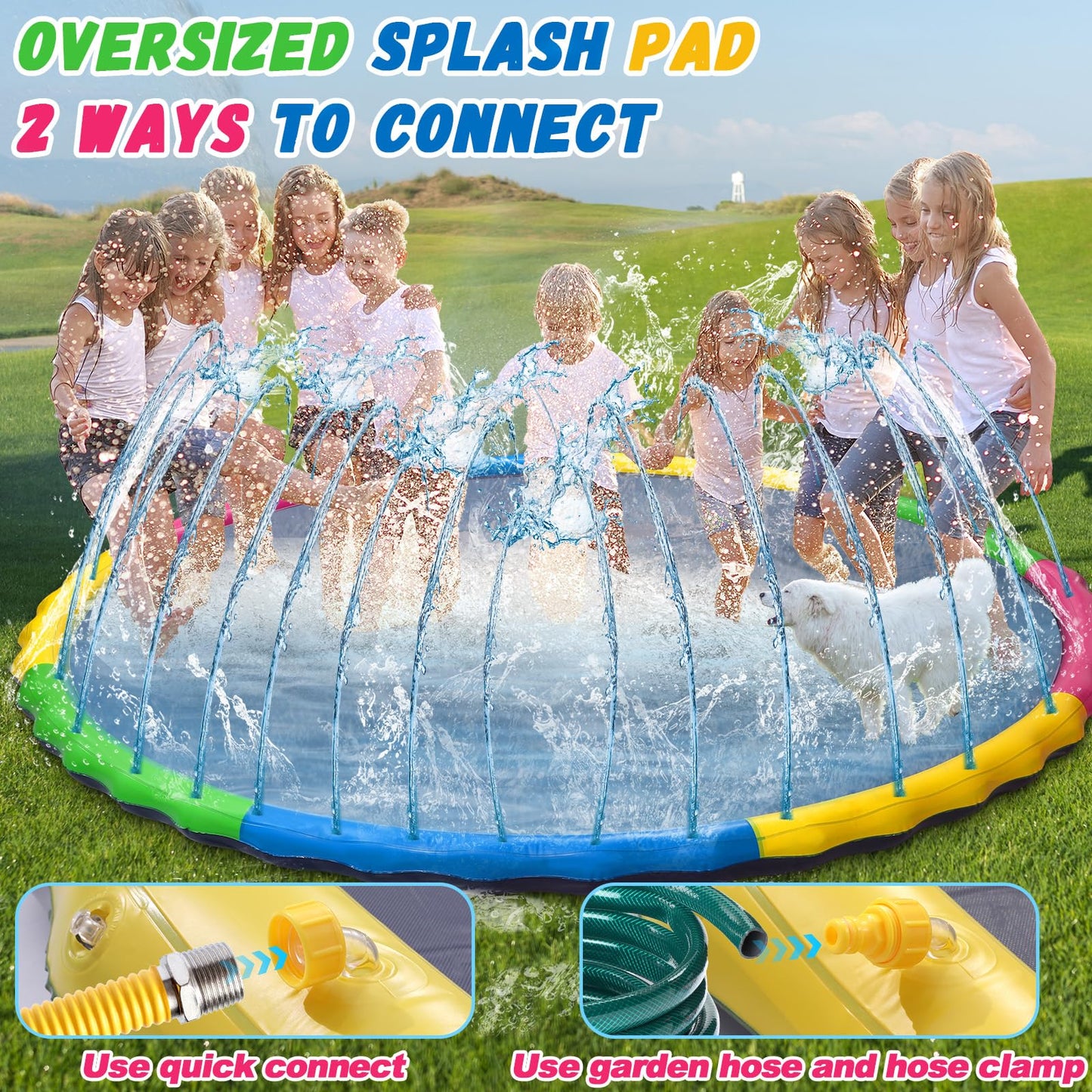 13 ft Giant Inflatable Splash Pad Extra Large 156" 2025 Update Non Slip Pad for Adults Large Dogs Pets Giant Thicken Sprinkler Pool Summer Outdoor Fun Backyard Fountain Play Mat (Cute Style)