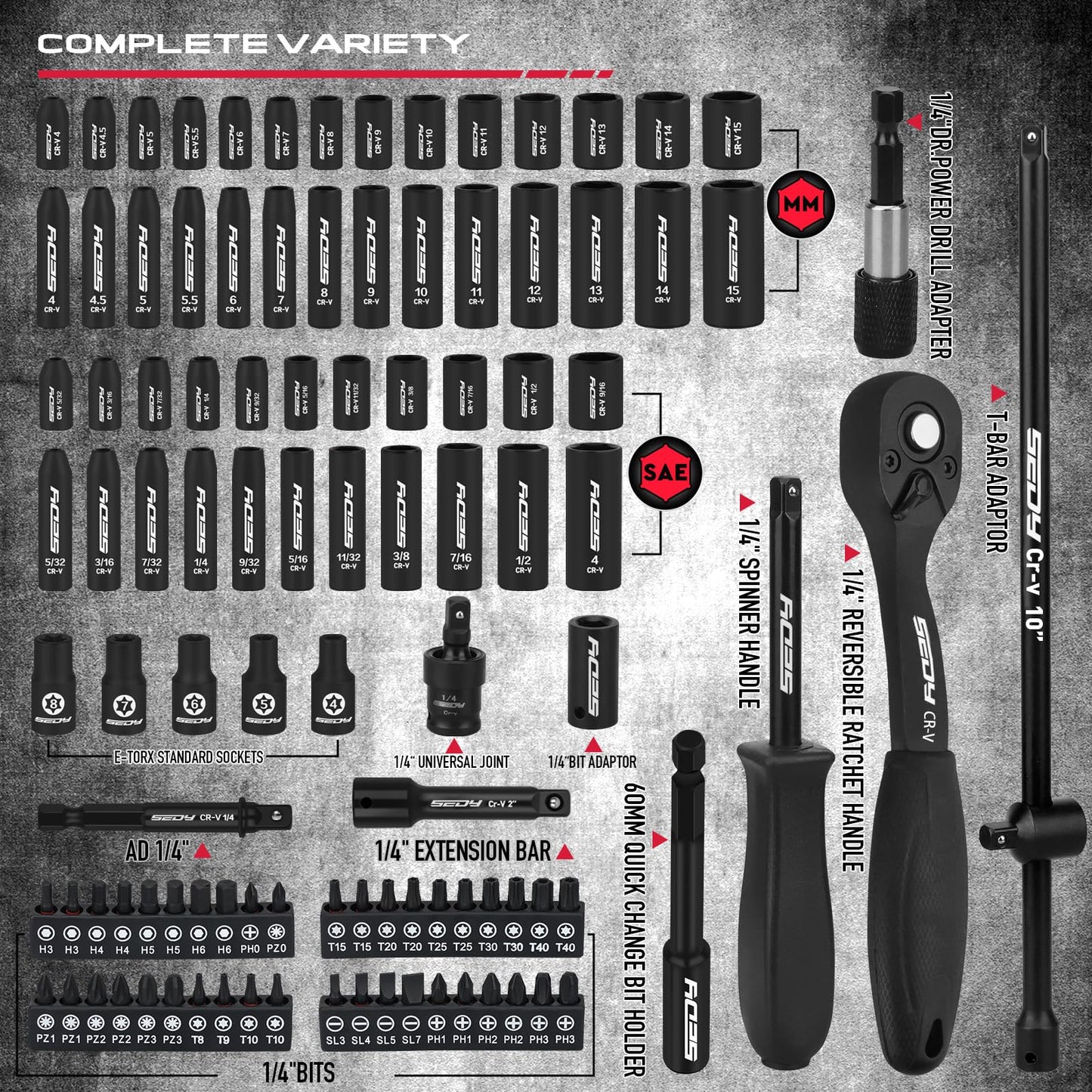 105-Piece 1/4" Drive Impact Socket Set, SAE 5/32"-9/16" & Metric 4-15mm, CR-V Steel Mechanics Tool Set with Ratchet Wrench, Adapters, Universal Joint, Screwdriver Bits, Bit Holder, Extension Bar