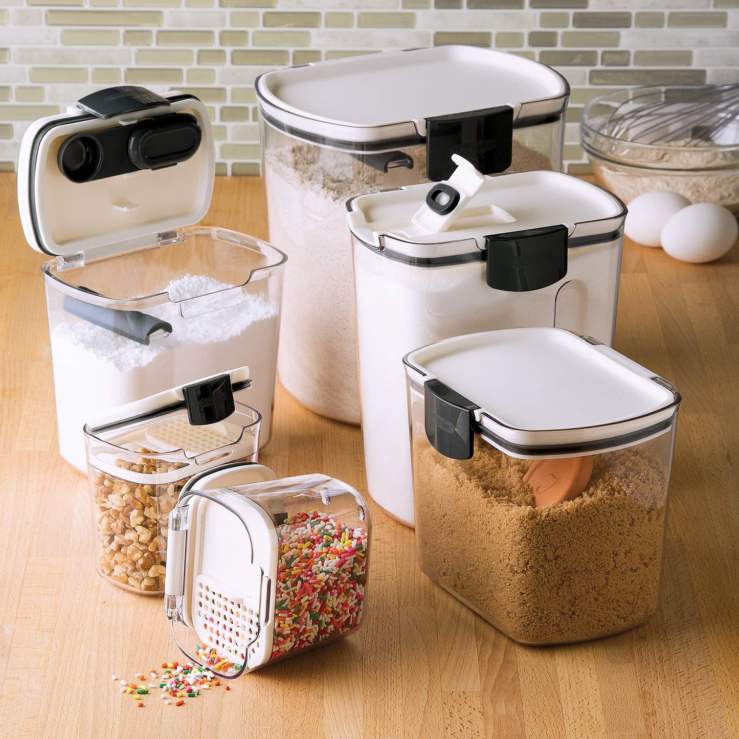 Progressive ProKeeper Baker's Airtight Kitchen Storage Canister Container Set for Flour, Sugar & More, Keeps Ingredients Fresh, with Accessories (Black Latches)