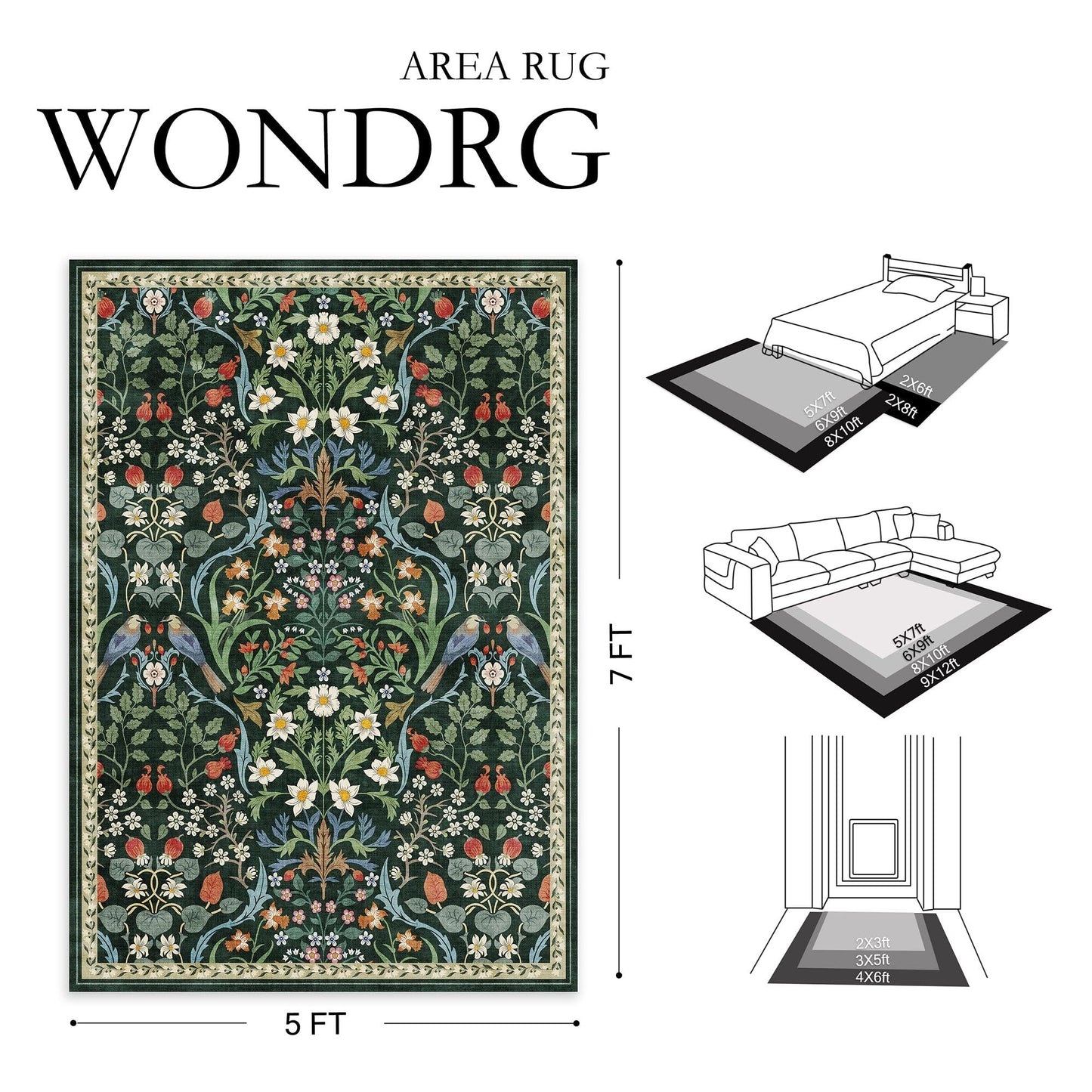 WondRg 6x9 Washable Dark Green Floral Area Rug for Living Room Soft Non-Slip Large Rug for Kids Room Boho Low Pile Stain Resistant Carpet for Bedroom Kitchen Office Dining Playroom Indoor