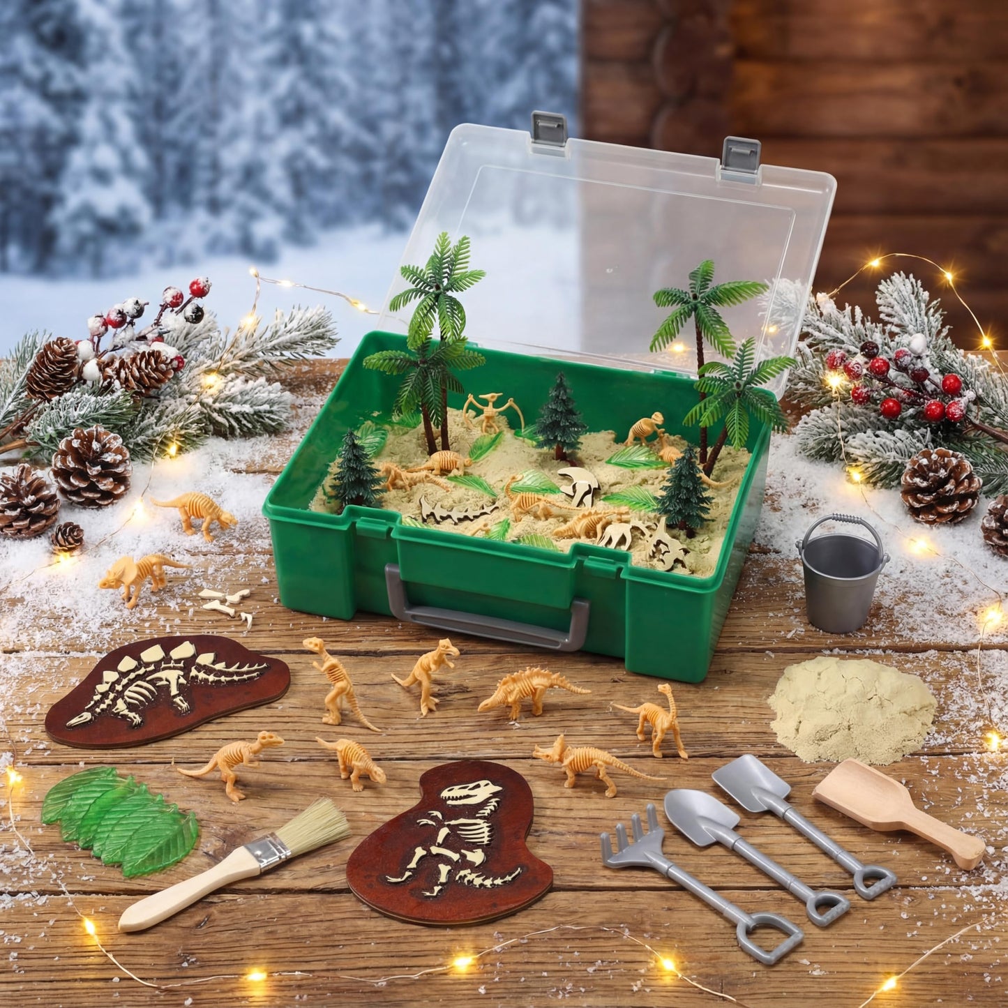 Jenaai Set of 47 Dinosaur Sensory Bin Dinosaur Sand Toy Dino Sensory Bin Box Storage Sandbox with Lid Sand for Winter Christmas DIY Making Kit Decorations Gifts Fillers Pretend Learning Activities
