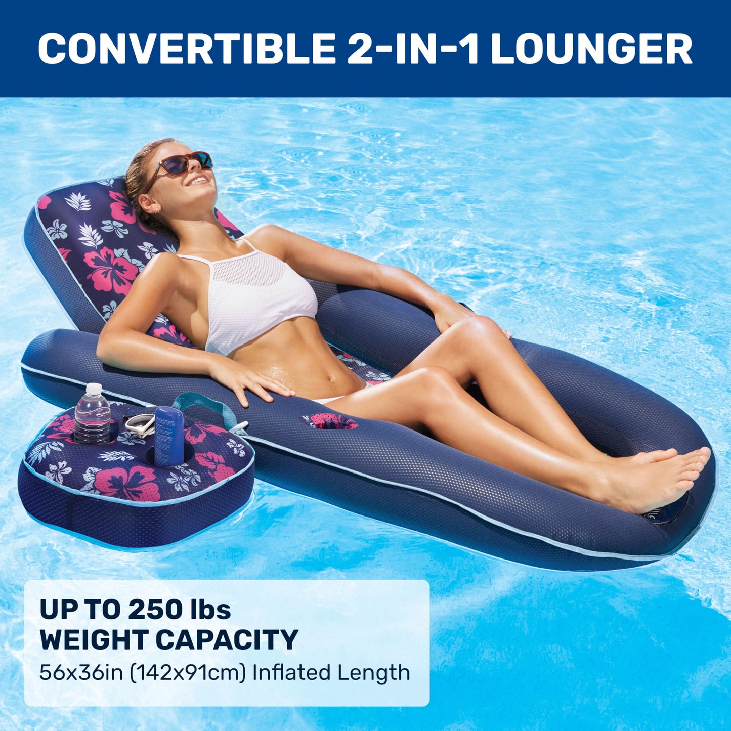 Aqua Campania Ultimate 2-in-1 Pool Float Lounge – Extra Large – Inflatable Pool Floats for Adults with Adjustable Backrest & Cupholder Caddy – Navy Hibiscus
