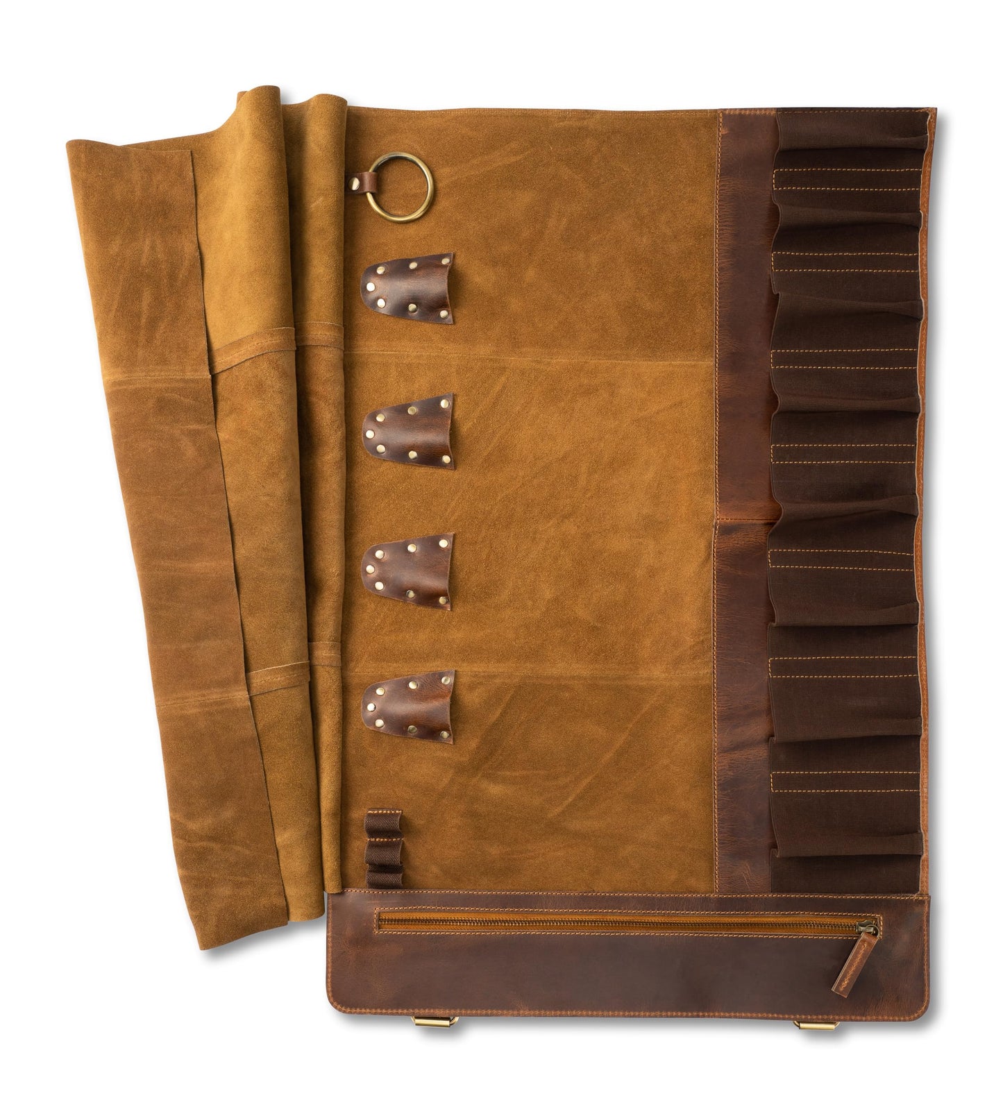 Angus Stoke premium leather knife roll storage bag XXL - 14 pockets, buffalo leather with shoulder strap, chef's knife bag case Rene (Walnut-Brown)