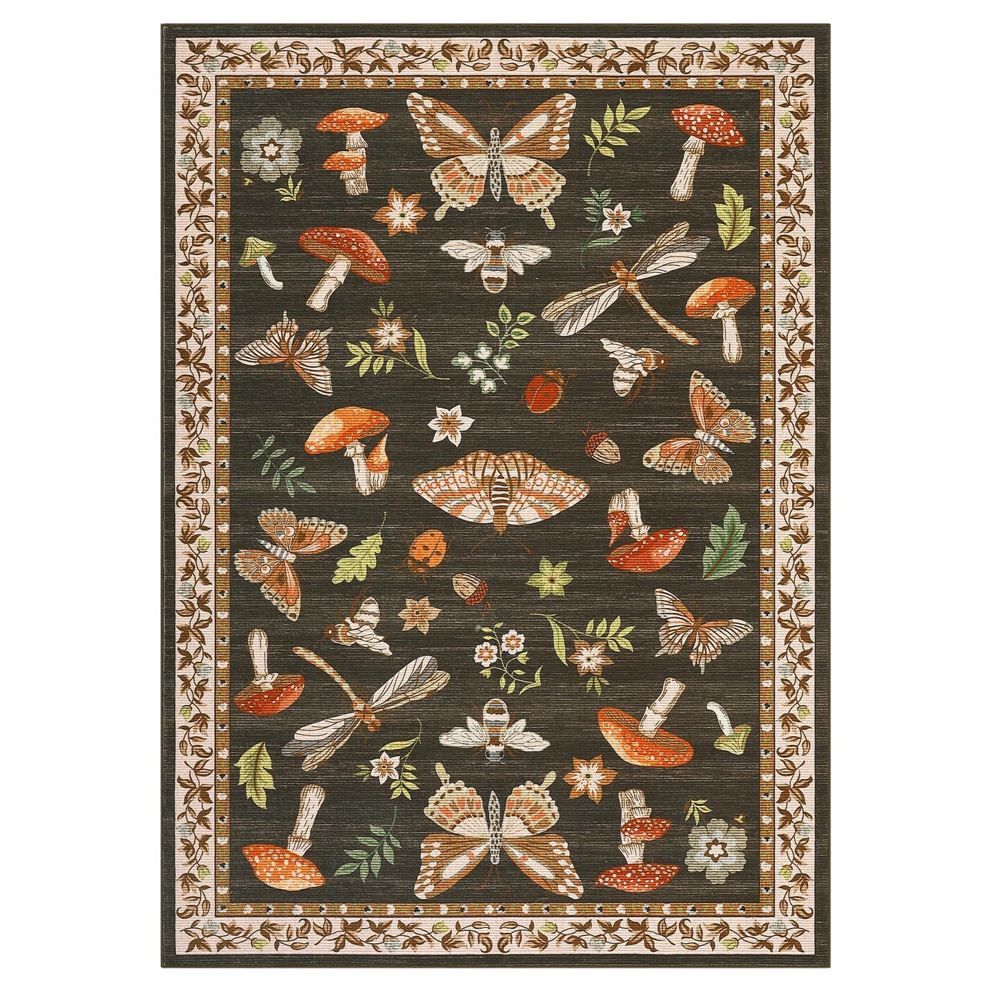 ROYHOME Mushroom Washable Rug 5x7 Area Rugs for Living Room, Insect Print Rug for Bedroom, Non Slip Throw Carpet with Rubber Back, Soft Low Pile Dining Room, Brown