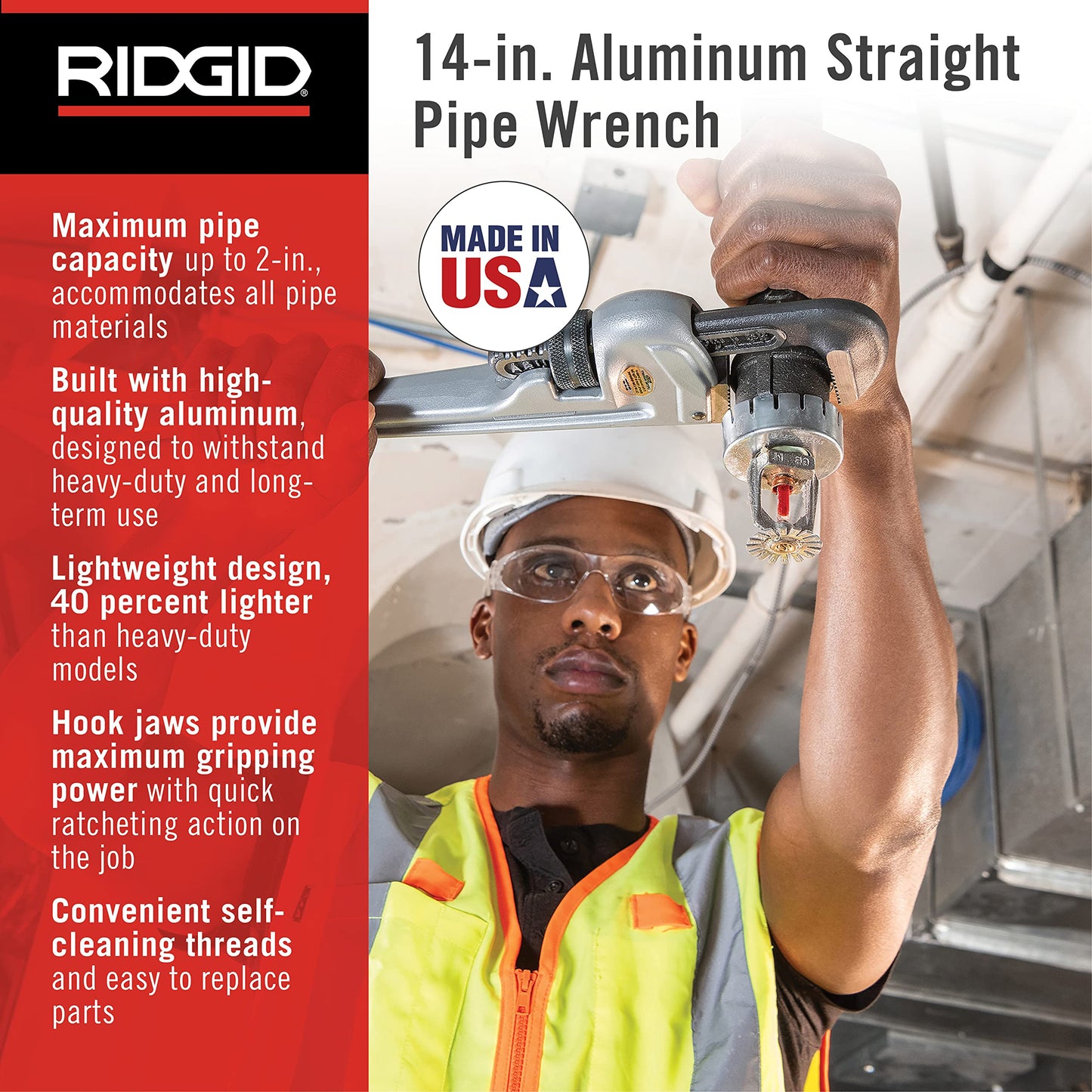 RIDGID 31095 Model 814 Aluminum Straight 14" Plumbing Pipe Wrench, Silver, Made in the USA