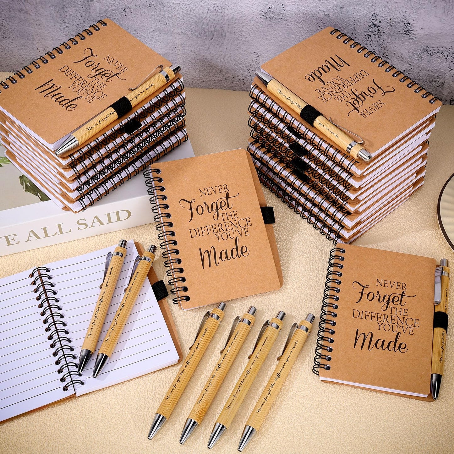 80 Pcs Back to School Appreciation Gifts Teacher Employee Appreciation Gifts Inspirational Spiral Notebooks Bulk Motivational Journals Thank You Bamboo Ballpoint Pens for Nurse Coworker (NEVER FORGET)