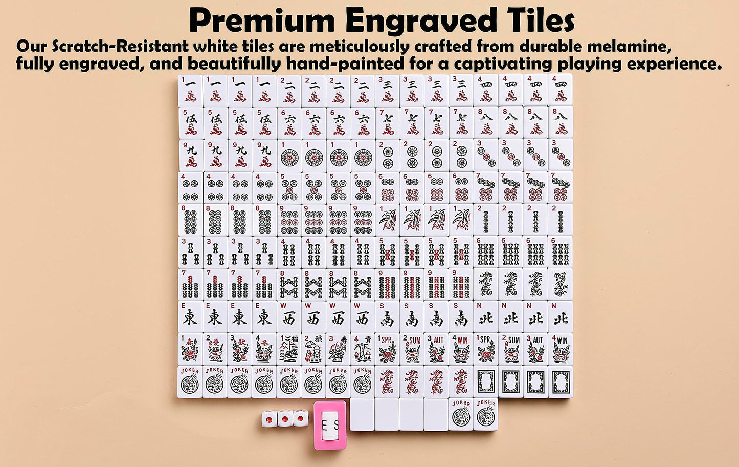 American Mahjong Game Set - Pearl Gray Quilted Soft Bag - 166 White Engraved Tiles, 4 All-in-One Rack/Pushers Complete Western Mah-Jongg, Maj Jongg, Ma Jong Set