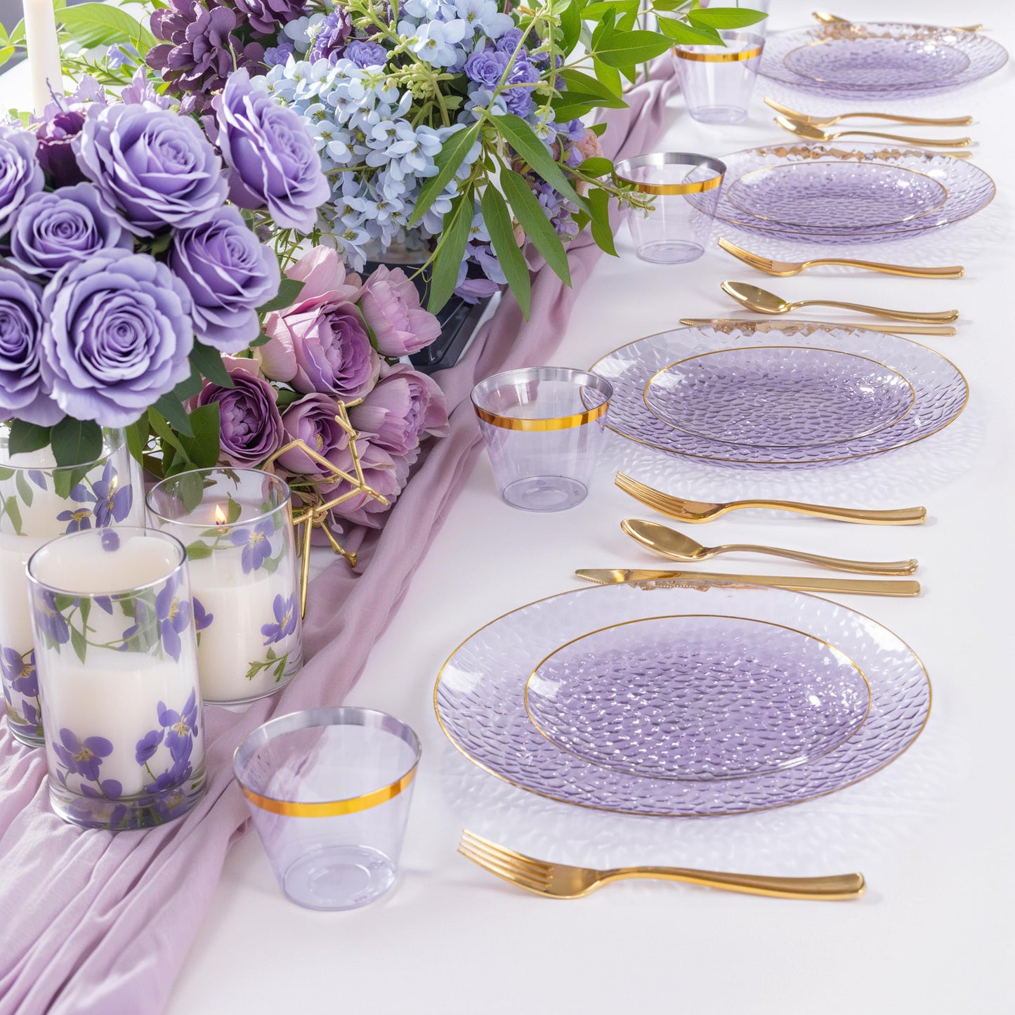 Rubtlamp 175 Pcs Purple Plastic Dinnerware Set (25 Guests), Clear Purple Plates With Gold Rim, Hammered Party Platos, Plates And Cups And Napkins Sets for Wedding, Party&Graduation