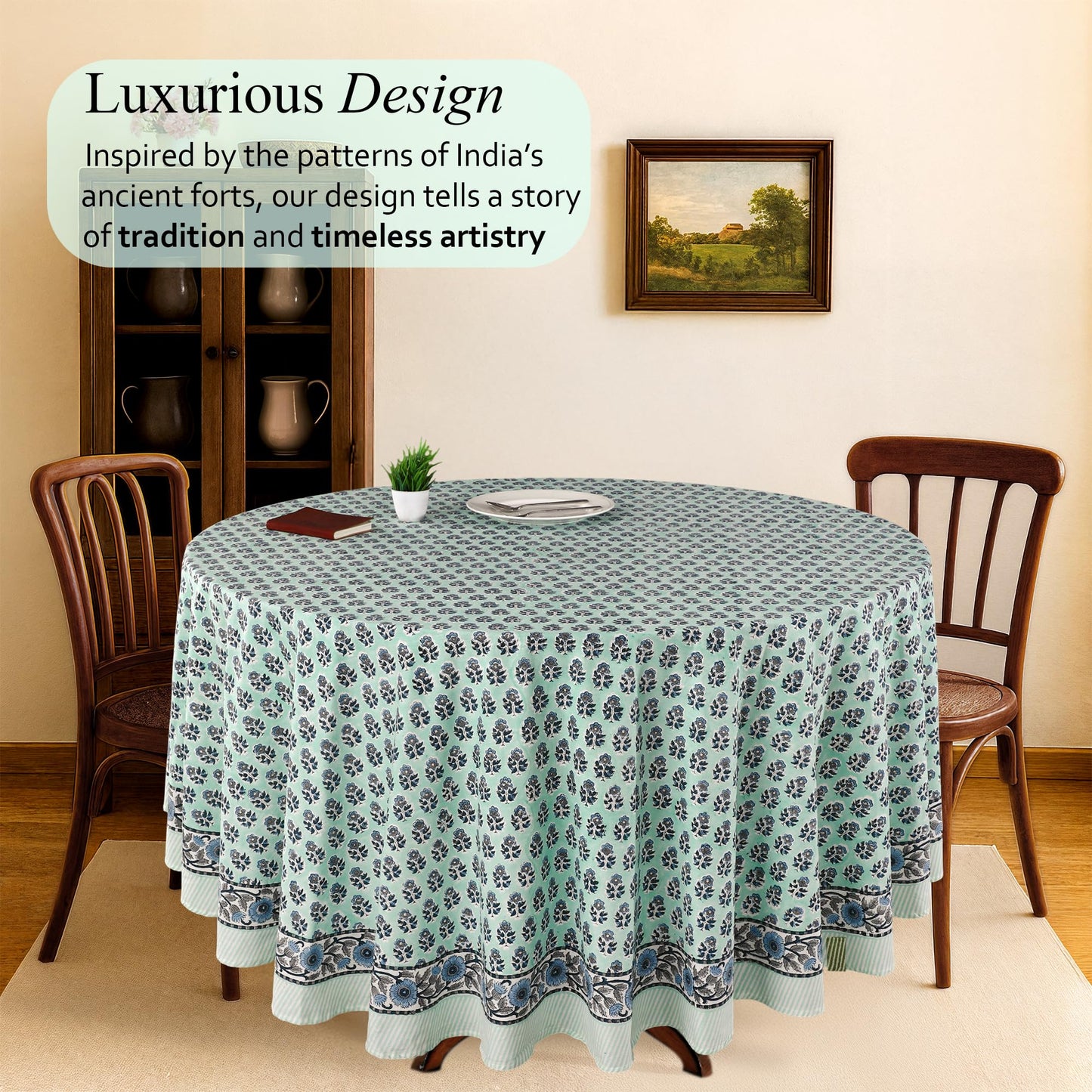 CPC Round Tablecloth- Cotton Indian Block Print Tablecloth -Handmade Printed Washable Cotton Table Cloth - Spring/Summer, Wedding Table Cover - Poppy Blue 90 Inches