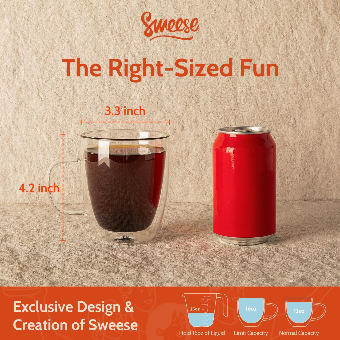 Sweese Double Walled Coffee Mugs - 12.5 oz Clear Coffee Mugs, Glass, Set of 4, Perfect for Cappuccino, Latte, Americano, Tea Bag, Beverage