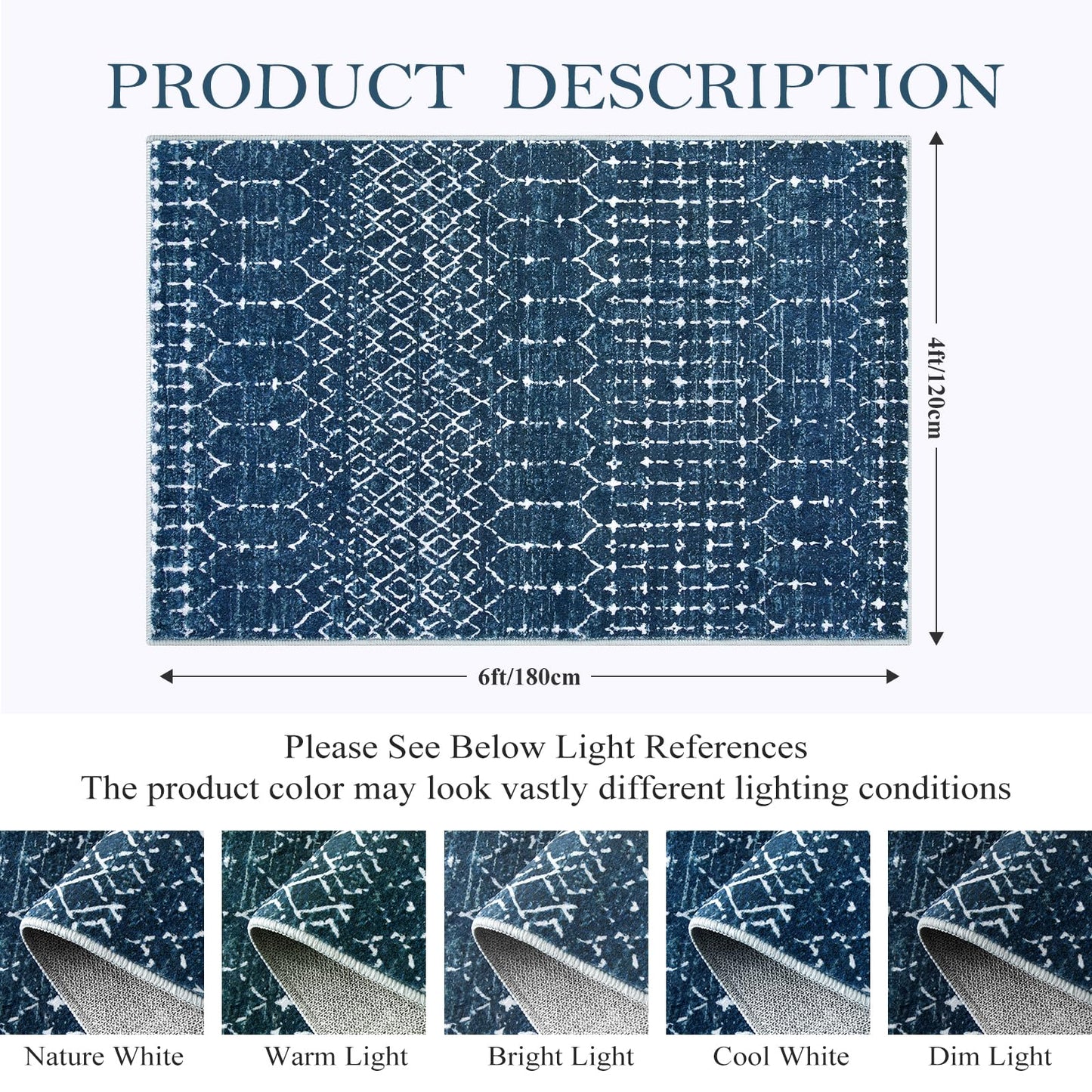 Lahome Moroccan Blue Carpet for Living Room 4x6 Area Rug Non-Slip Ultra-Thin Soft Bedroom Rug Stain Resistant Modern Carpet with Geometric Print, Suitable for Office, Kitchen, Entryway, Dining Room