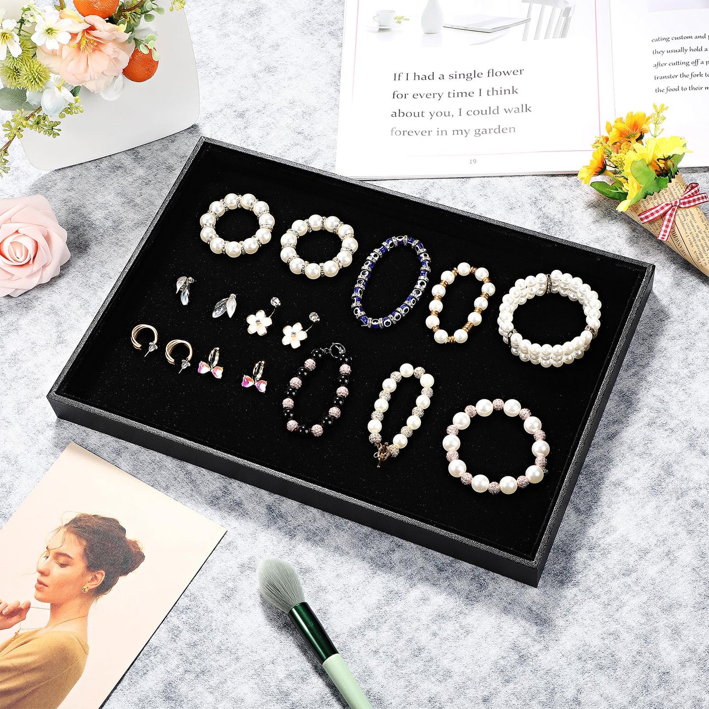 Quelay 6 Pcs Velvet Stackable Jewelry Tray Showcase Display, Jewelry Organizer Tray Bracelet Ring Earring Necklace Organizer Empty Plate for Drawers Countertop (Black)