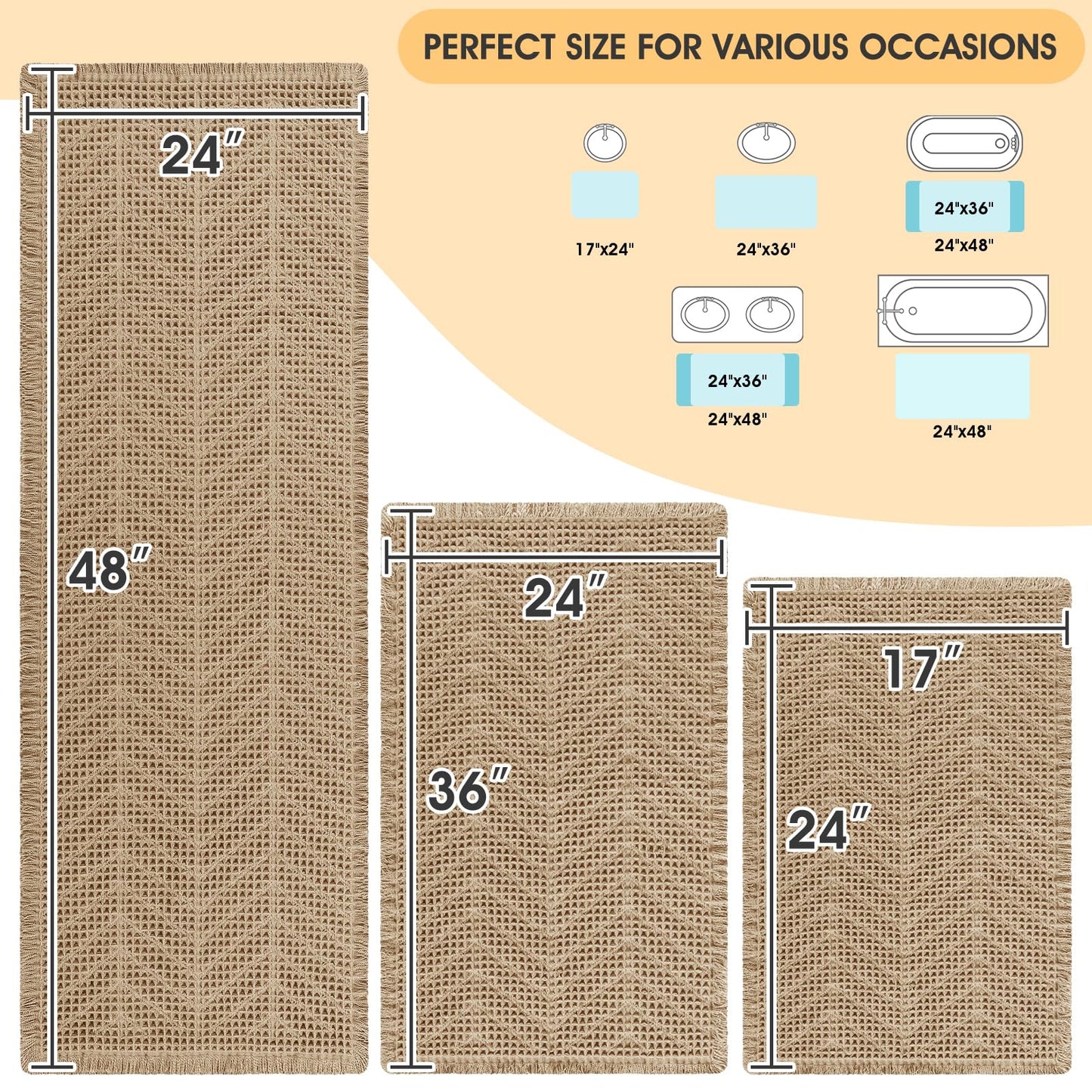 Waffle Bath Mat Set 3 Piece, Boho Woven Modern Bath Rug Absorbent Non Slip, Soft Bathroom Mats, Machine Washable Knit Bath Rugs with Herringbones for Bathroom, Bedroom, Kitchen, Shower, Tub, Beige