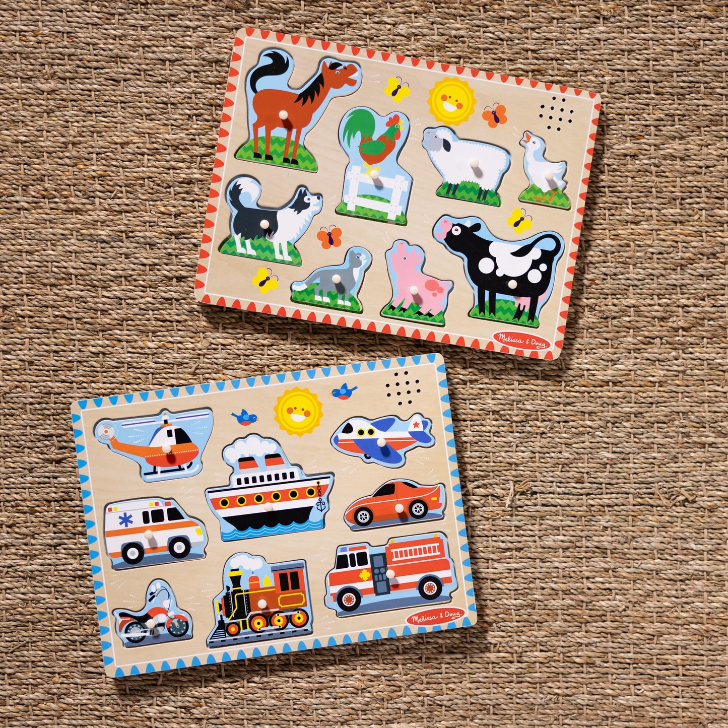 Melissa & Doug Wooden Light-Activated Sound Puzzle 2-Pack for Toddler and Preschool Boys and Girls – Farm Animals, Vehicles