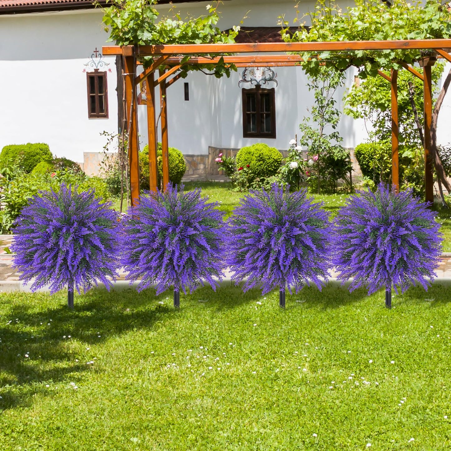 Dolicer 2 Sets Artificial Topiary Ball Trees for Outdoor, 22Inches Lavender Fake Bushes Plants with Ground Spike, Large UV Resistant Artificial Shrubs for Garden Front Yard Porch Patio Home Decor