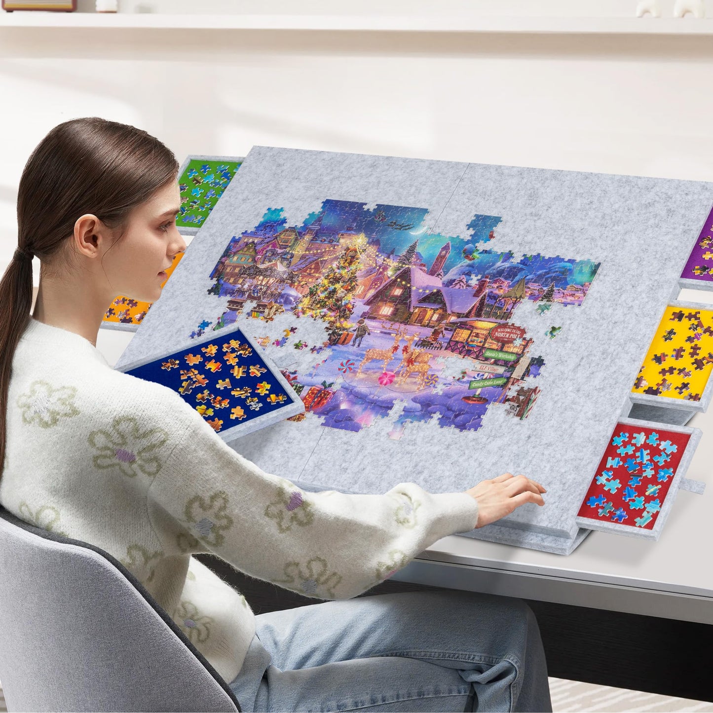 Lavievert 2000 Pieces Portable Jigsaw Puzzle Board with 6 Drawers & Trays, Tilting Jigsaw Table with 2-in-1 Puzzle Stand & Cover, Lightweight Puzzle Storage Saver with Easel- Light Gray